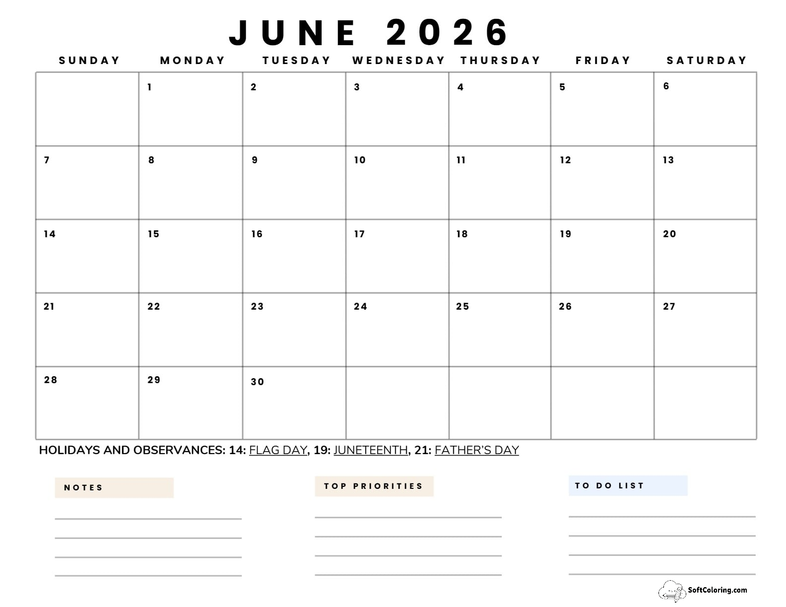 June 2026 Calendar Printable Business5 Landscape V2