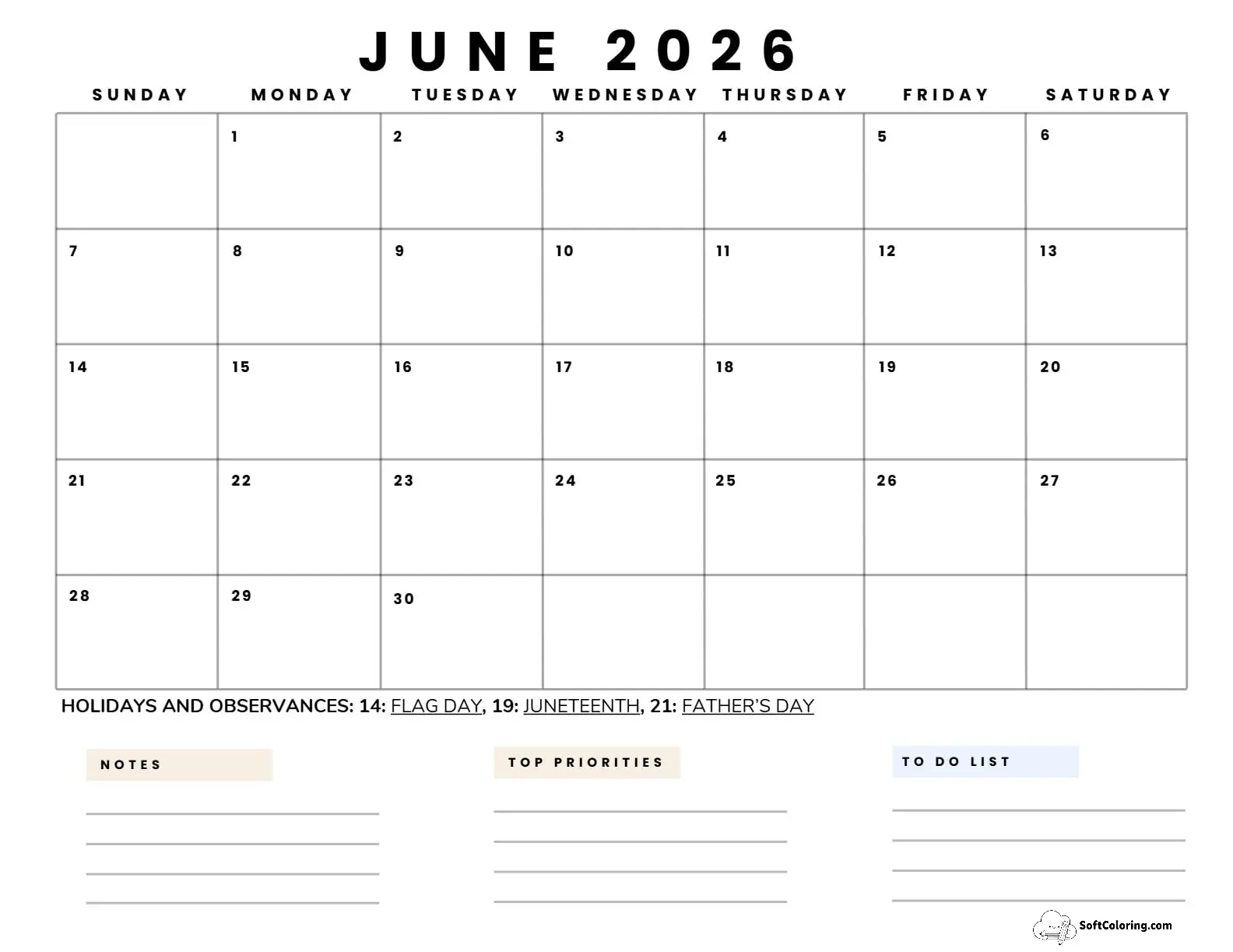 June 2026 Calendar Printable Business5 Landscape V2