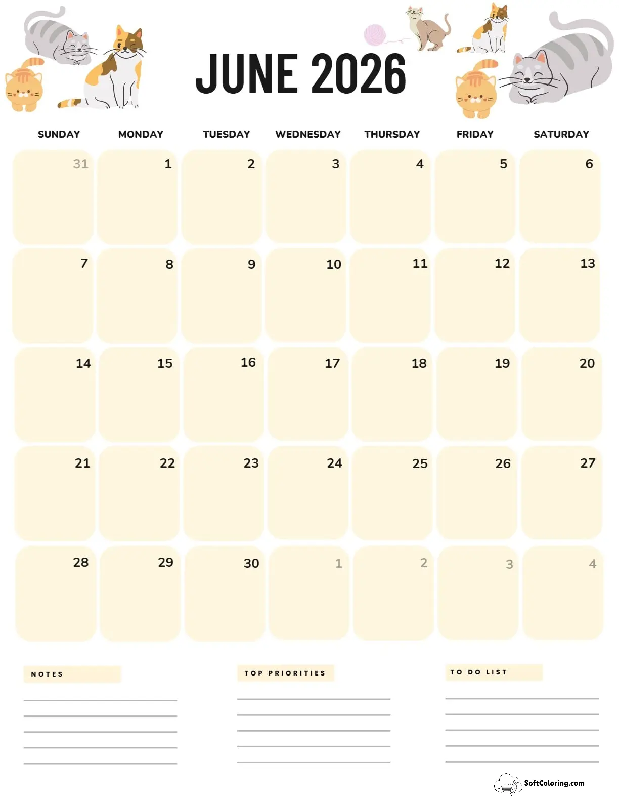 June 2026 Calendar Printable Cats Portrait V3