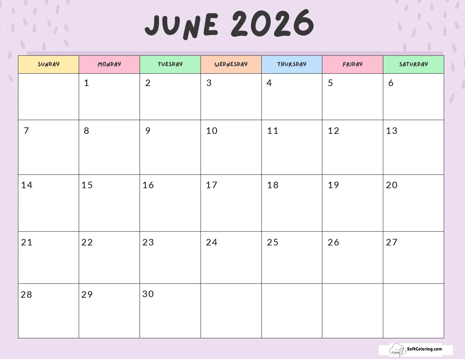 June 2026 Calendar Printable Colorful Landscape V2