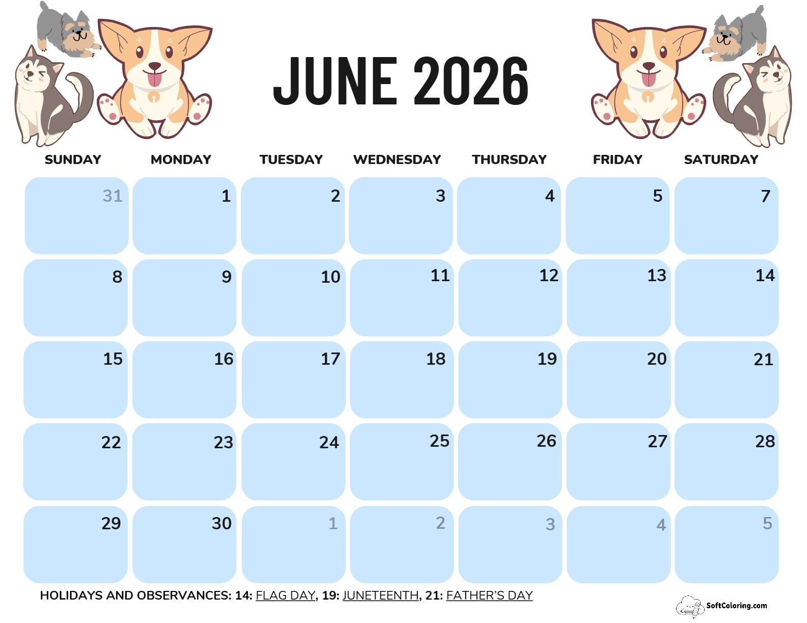 June 2026 Calendar Printable Dogs Landscape V2