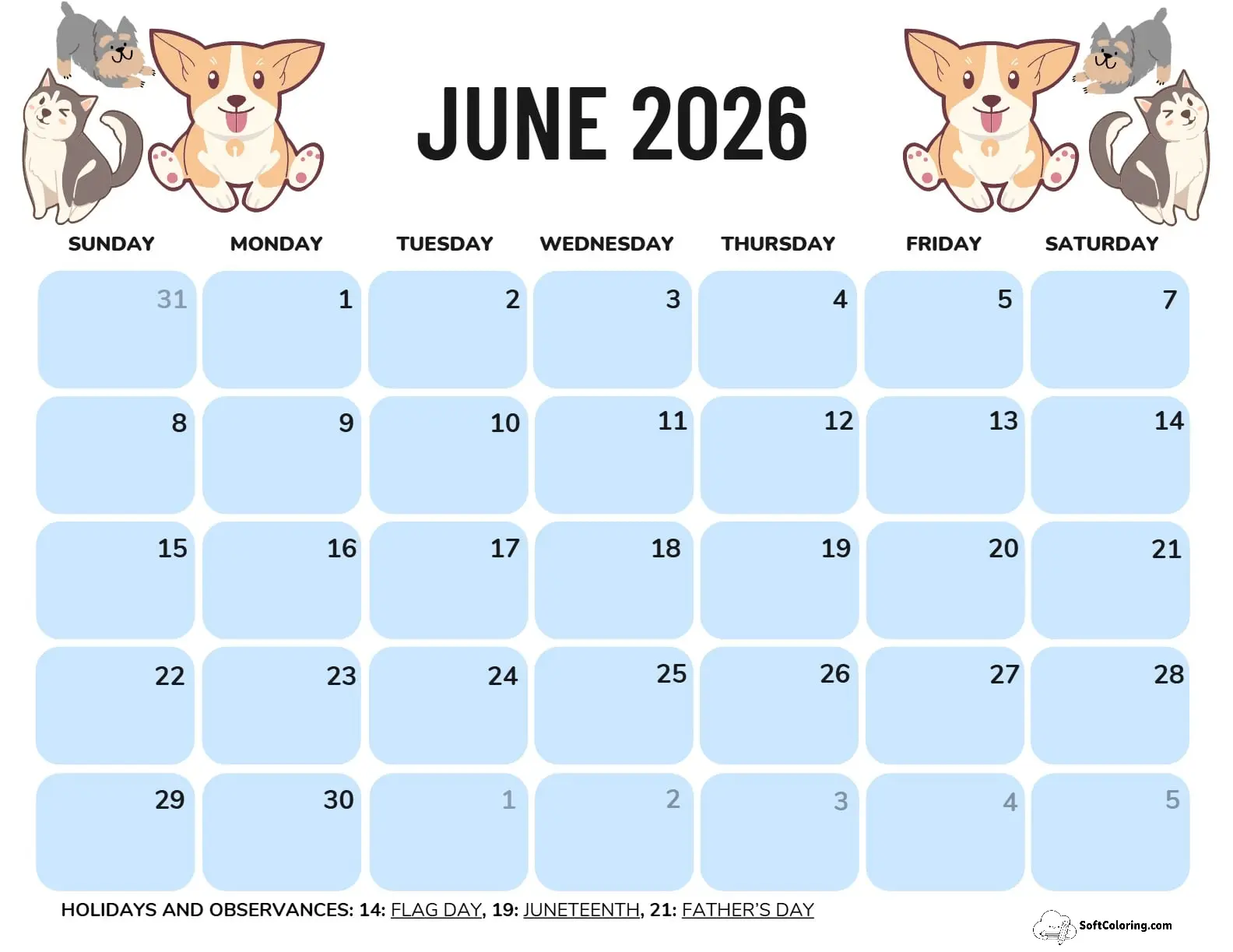 June 2026 Calendar Printable Dogs Landscape V2