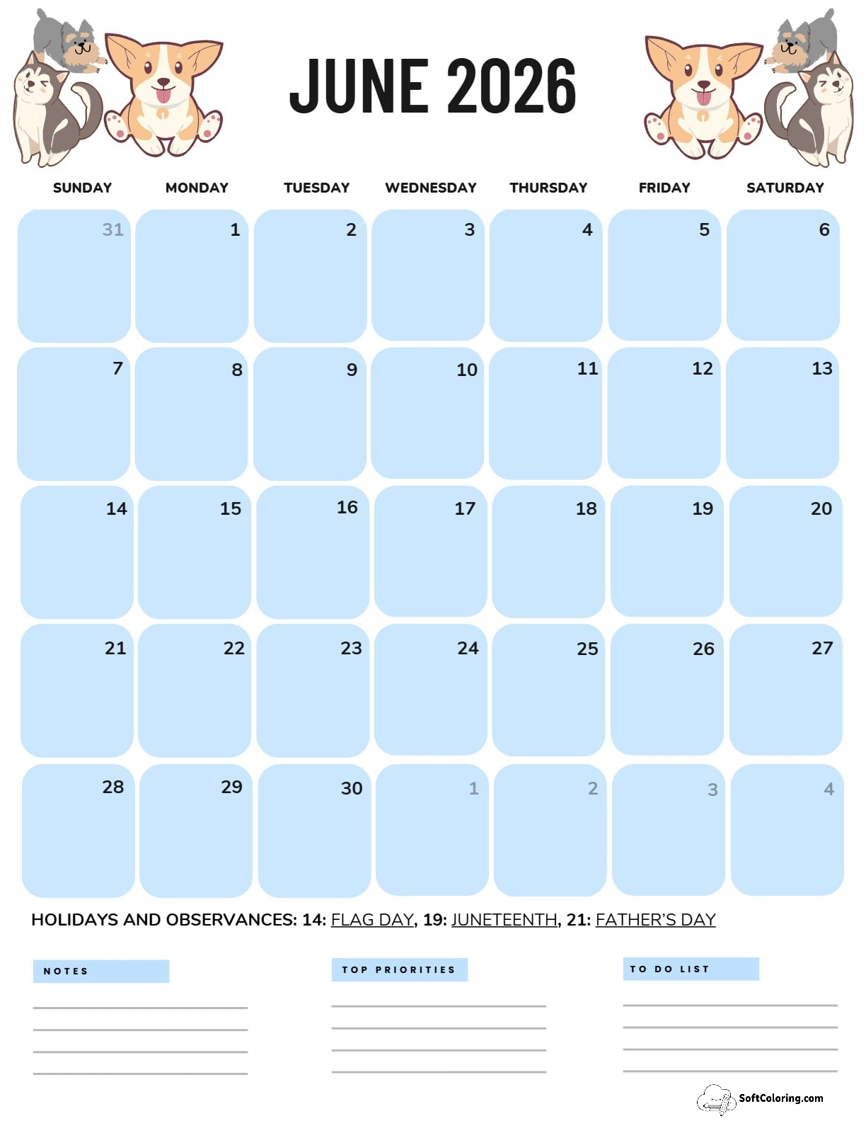 June 2026 Calendar Printable Dogs Portrait V3
