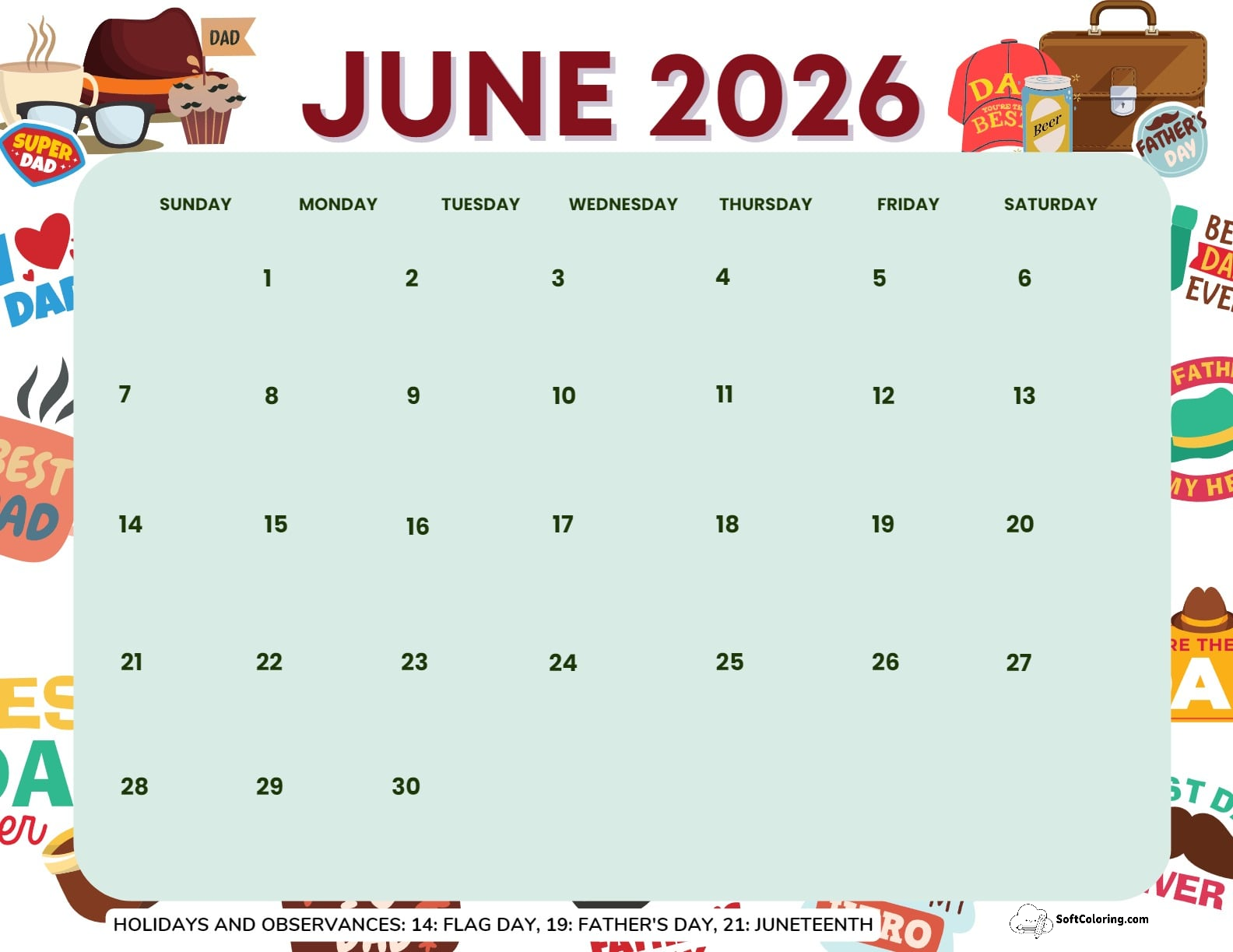 June 2026 Calendar Printable Fathers Day Landscape
