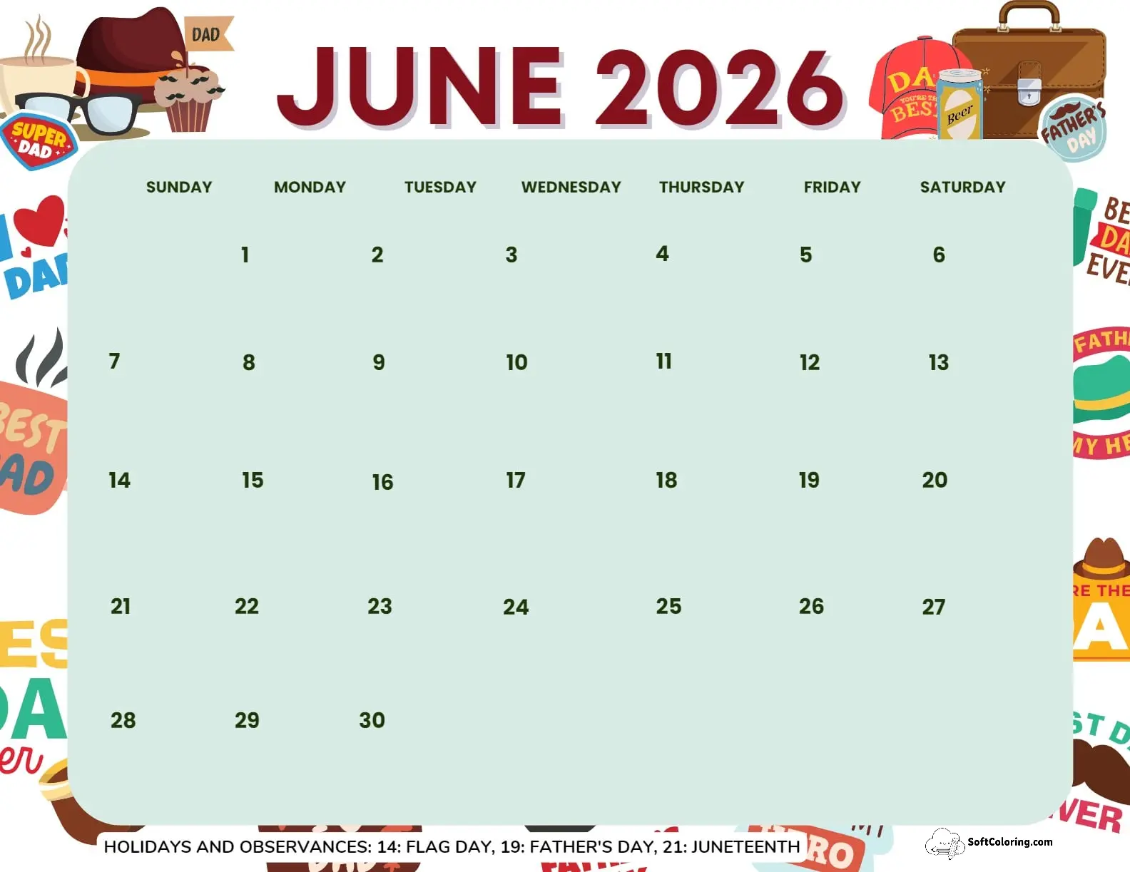 June 2026 Calendar Printable Fathers Day Landscape