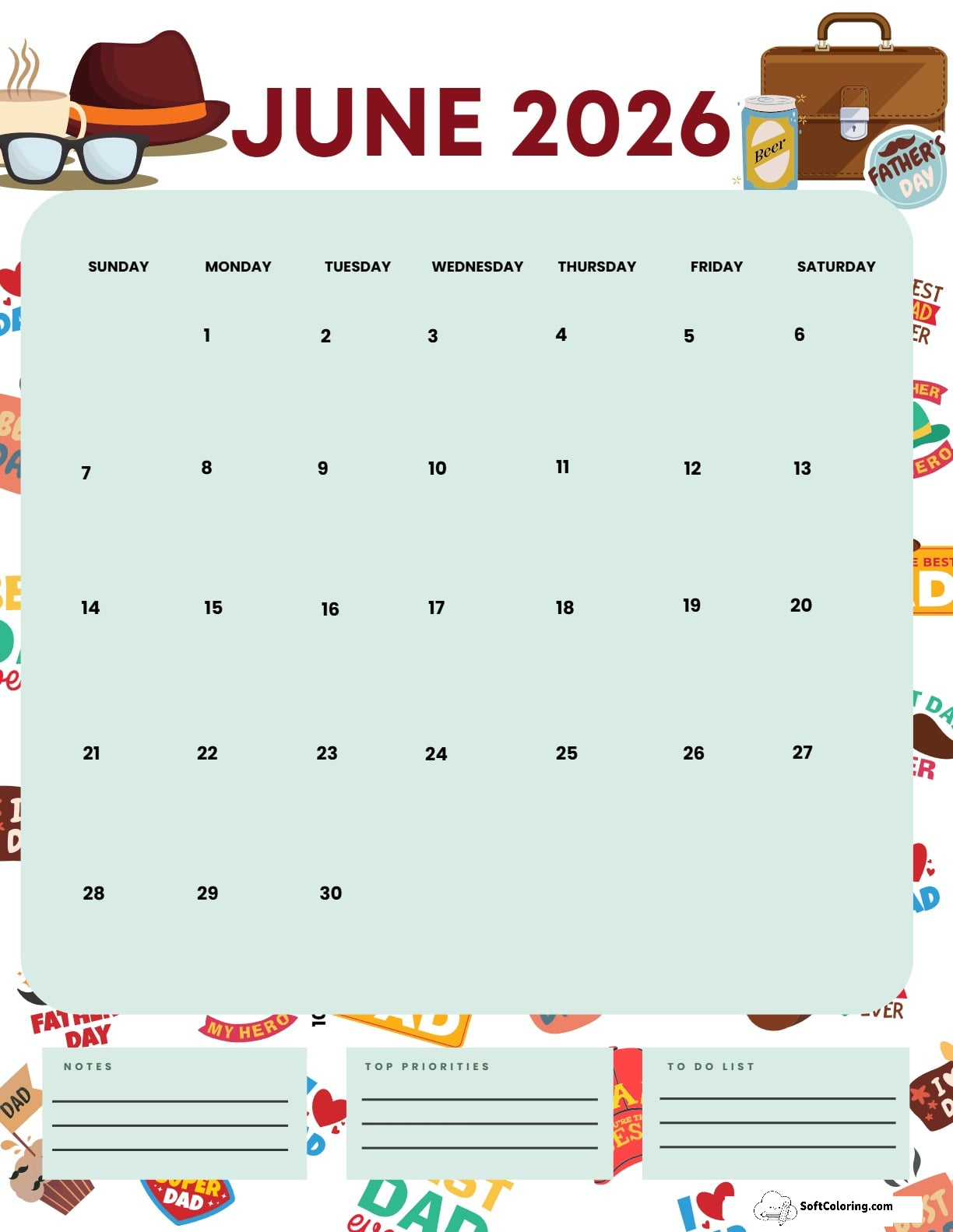 June 2026 Calendar Printable Fathers Day Portrait