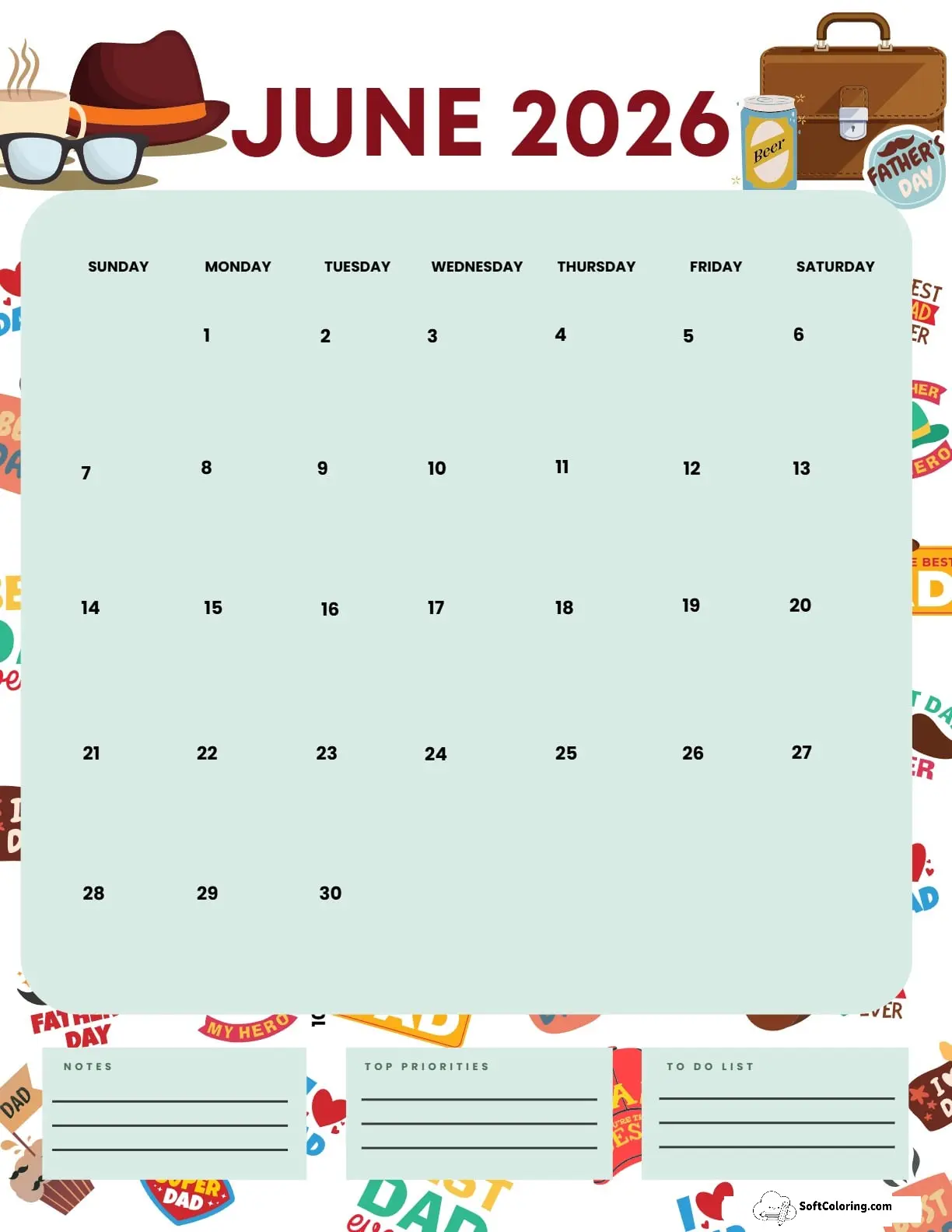June 2026 Calendar Printable Fathers Day Portrait