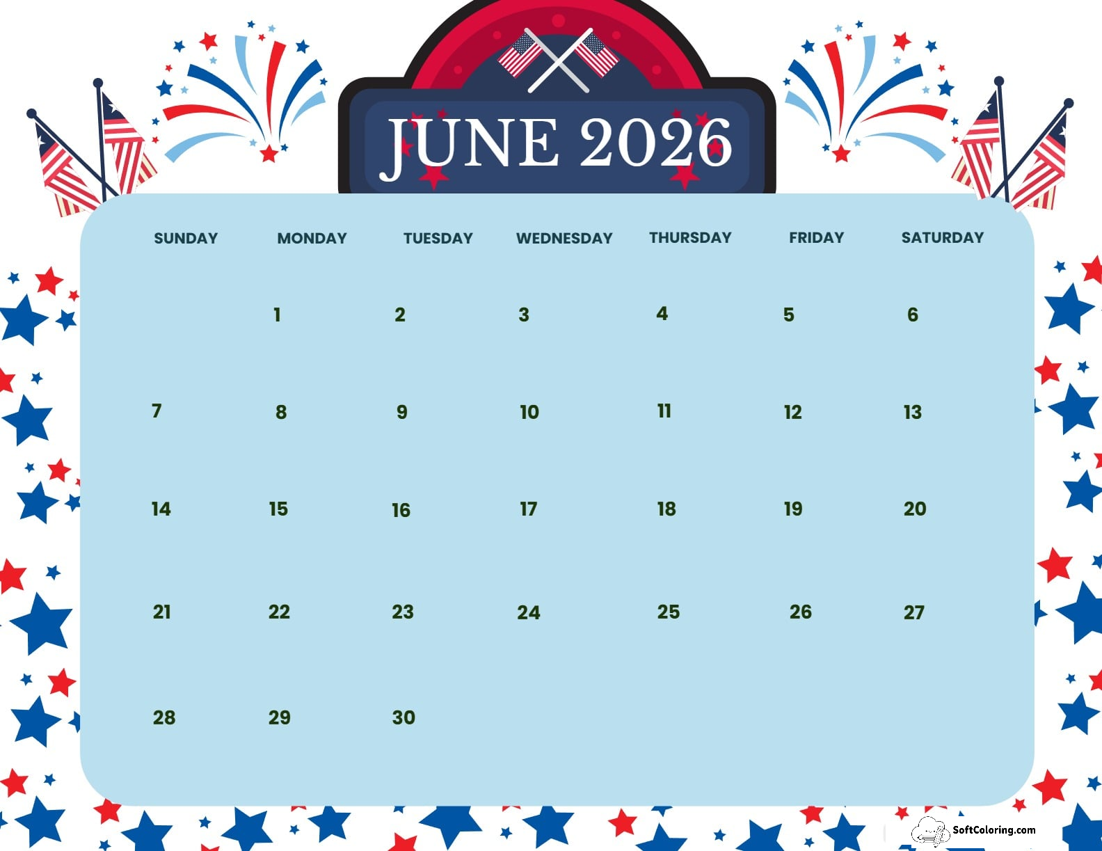 June 2026 Calendar Printable Flag Day Landscape V2