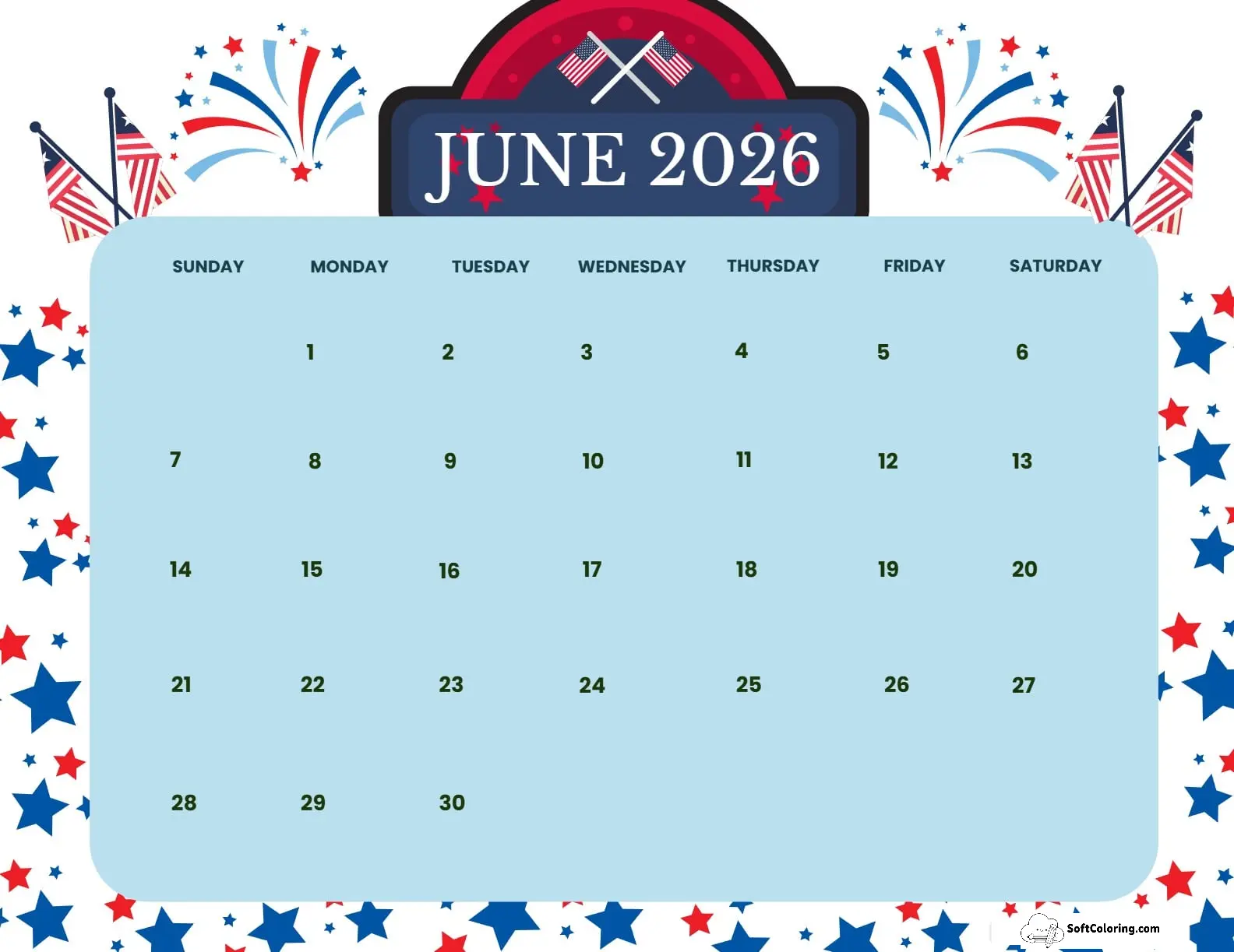 June 2026 Calendar Printable Flag Day Landscape V2