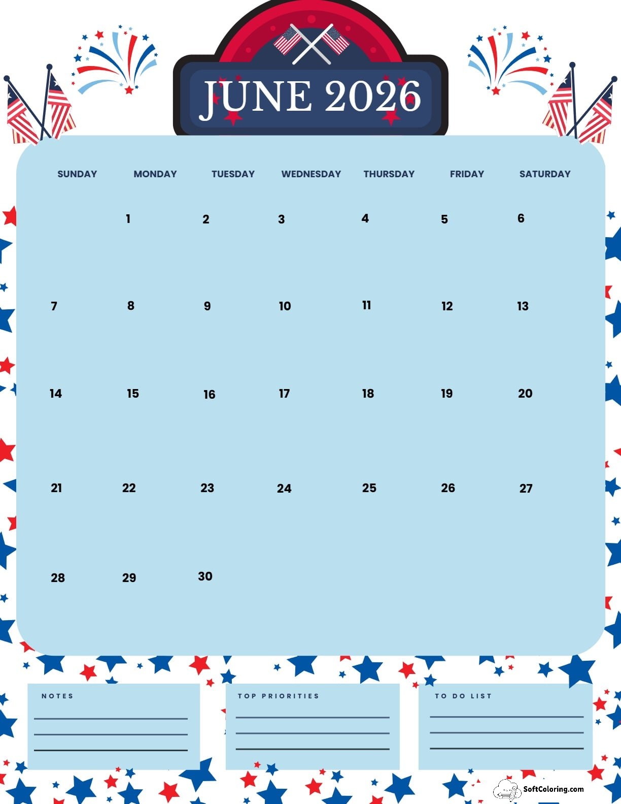 June 2026 Calendar Printable Flag Day Portrait V2