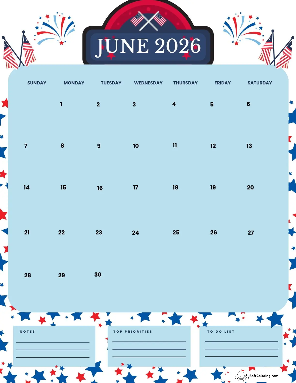 June 2026 Calendar Printable Flag Day Portrait V2
