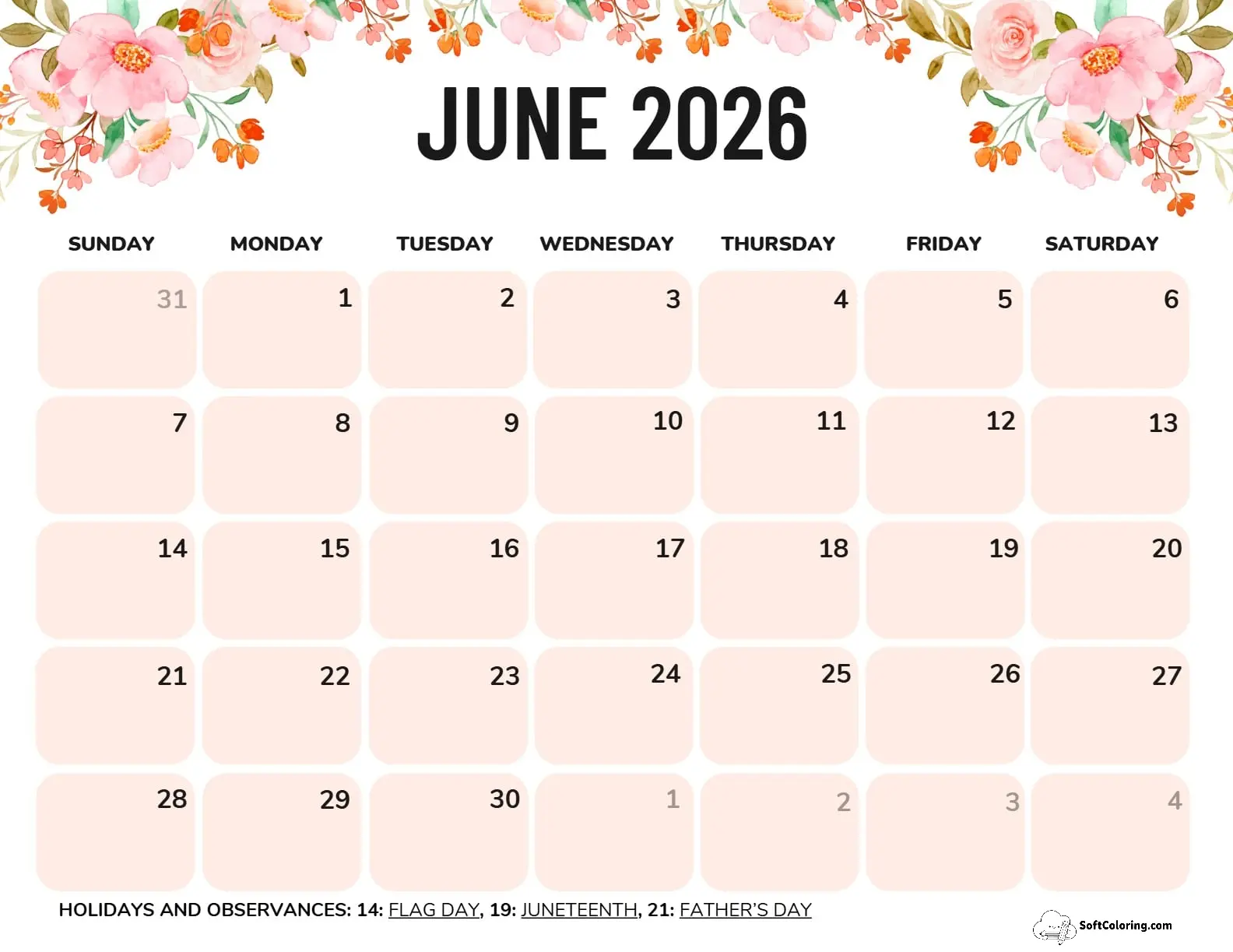 June 2026 Calendar Printable Flowers Landscape V2