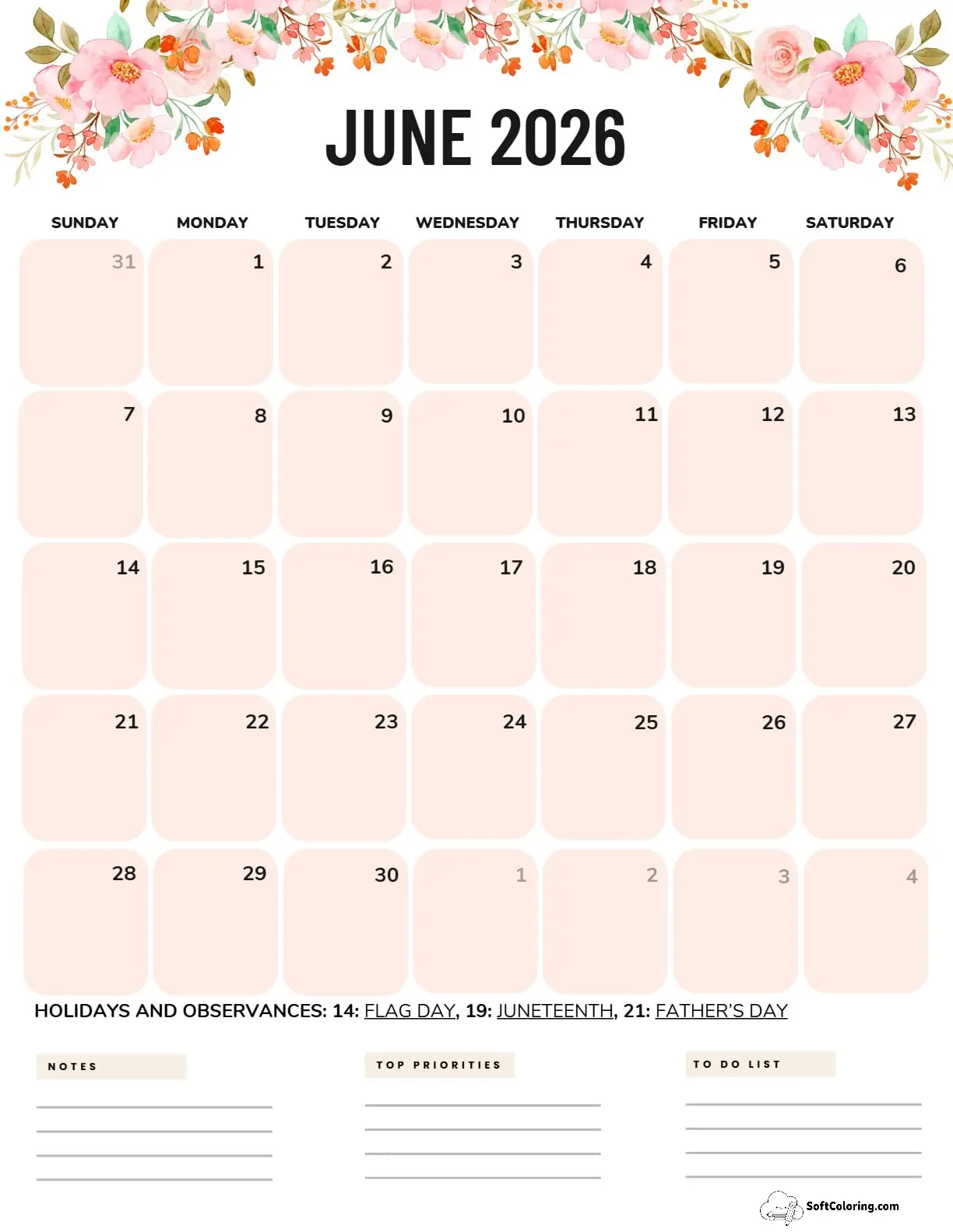 June 2026 Calendar Printable Flowers Portrait V2