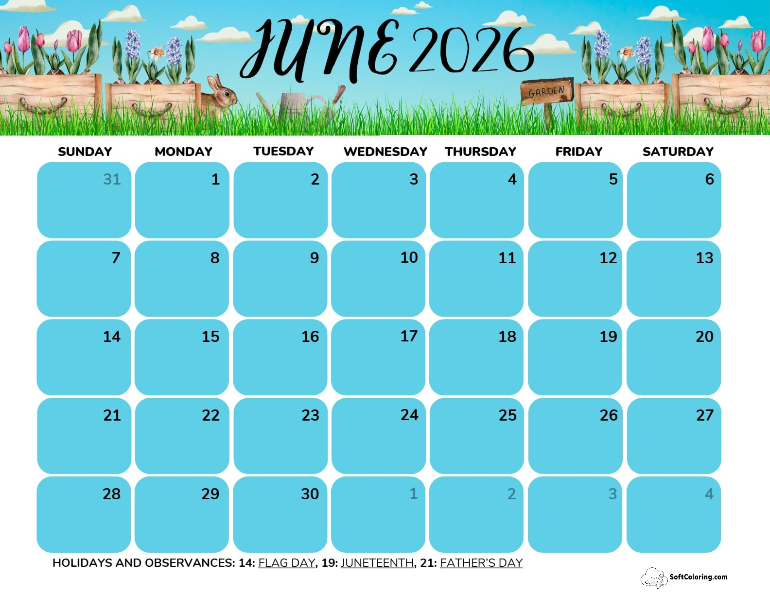 June 2026 Calendar Printable Gardening Landscape V2