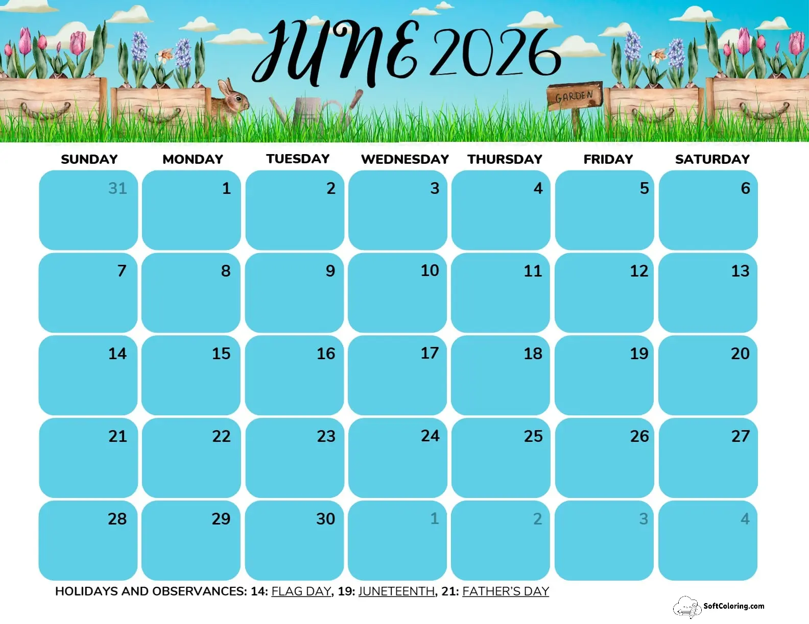 June 2026 Calendar Printable Gardening Landscape V2