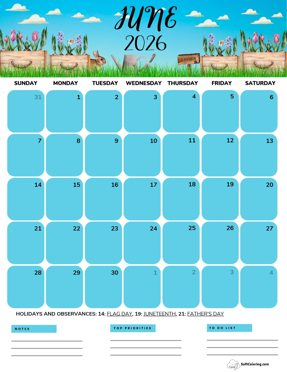 June 2026 Calendar Printable Gardening Portrait V2