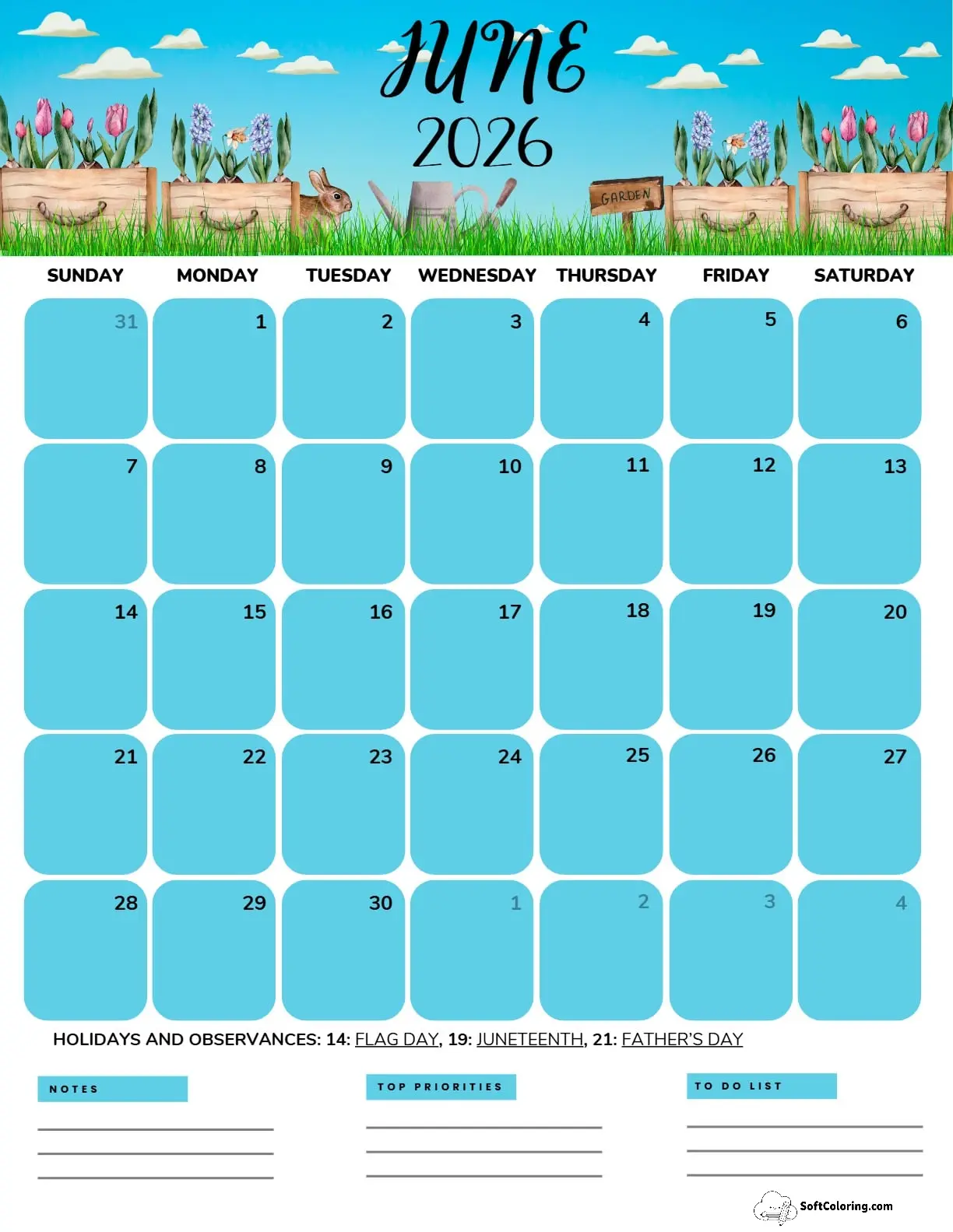 June 2026 Calendar Printable Gardening Portrait V2