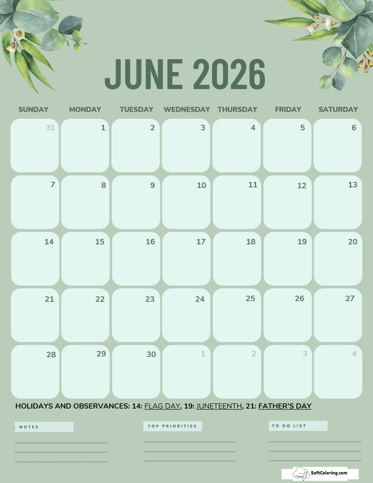 June 2026 Calendar Printable Green Portrait V2