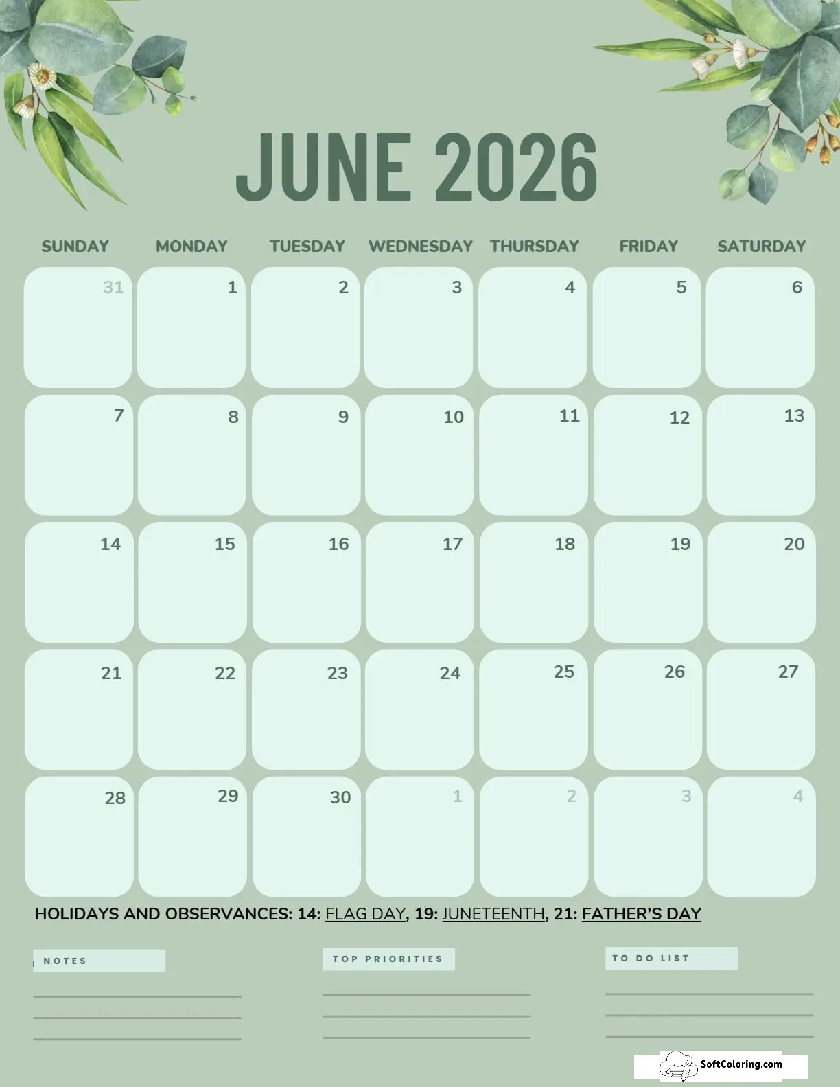 June 2026 Calendar Printable Green Portrait V2
