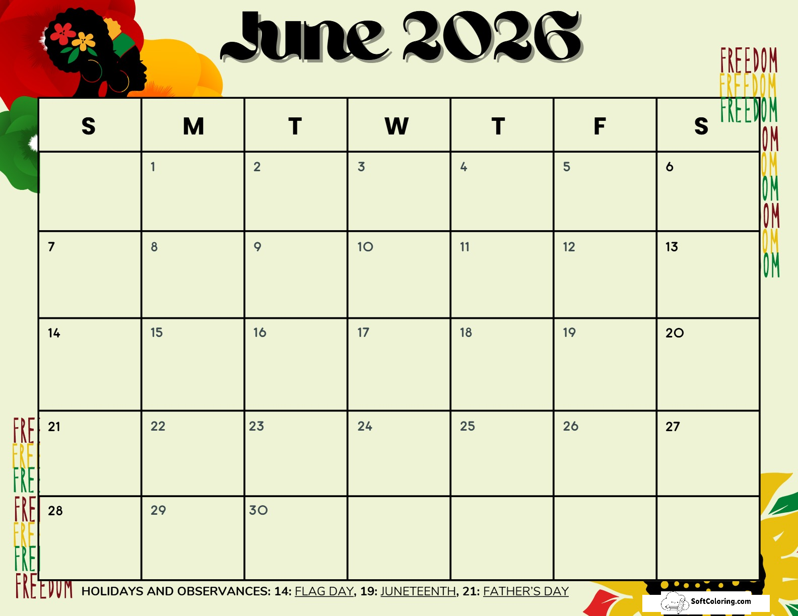 June 2026 Calendar Printable Juneteenth Landscape V2