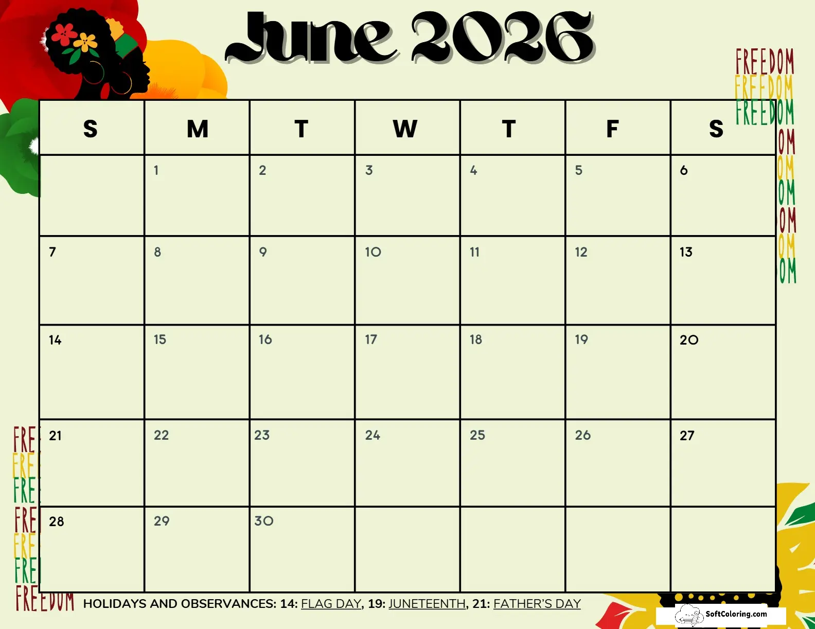 June 2026 Calendar Printable Juneteenth Landscape V2