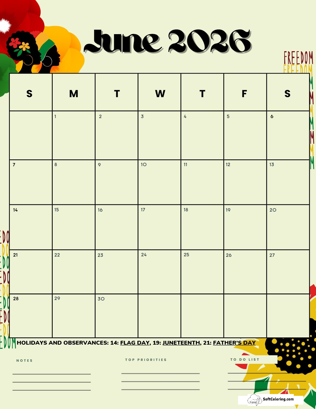 June 2026 Calendar Printable Juneteenth Portrait V2