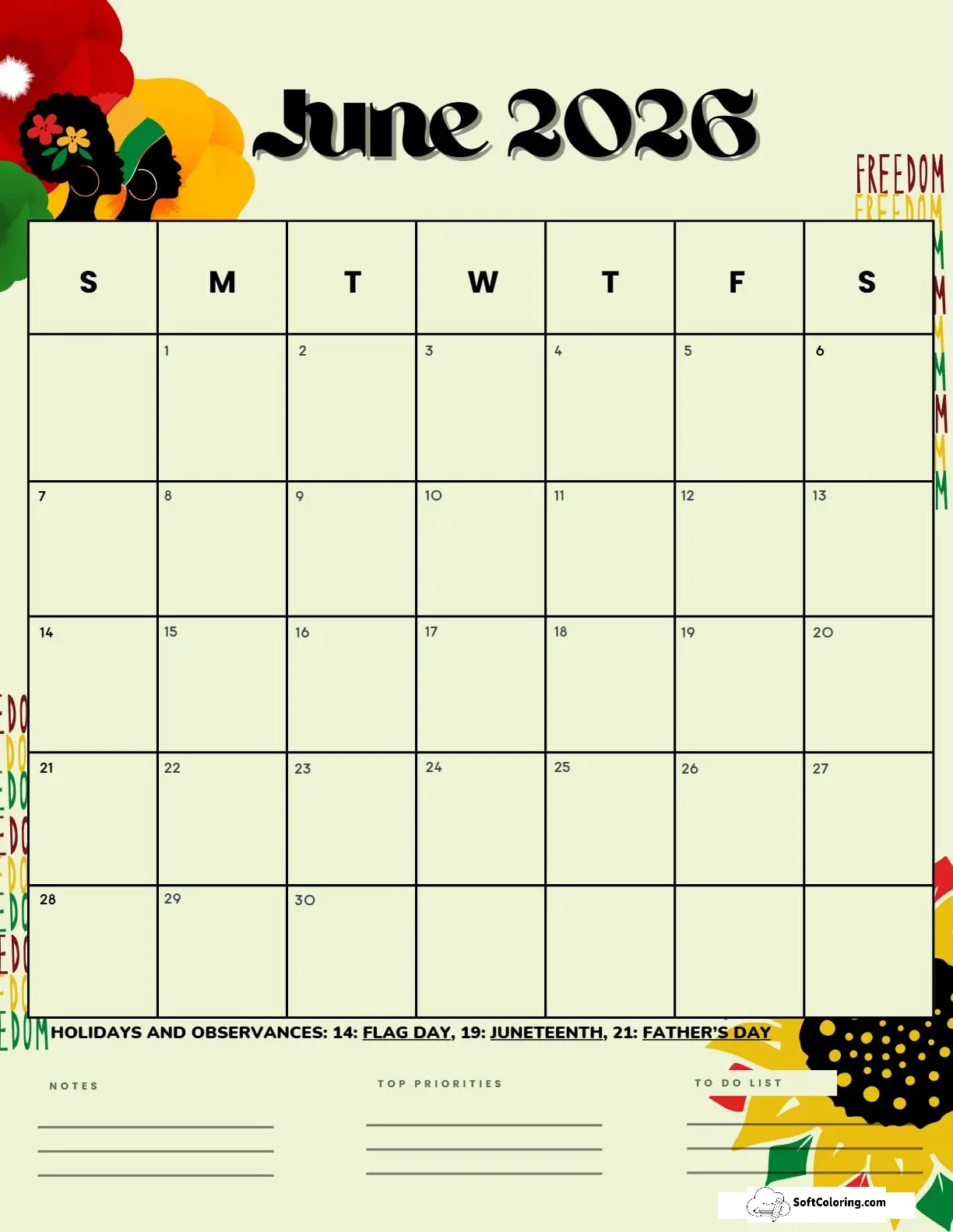 June 2026 Calendar Printable Juneteenth Portrait V2