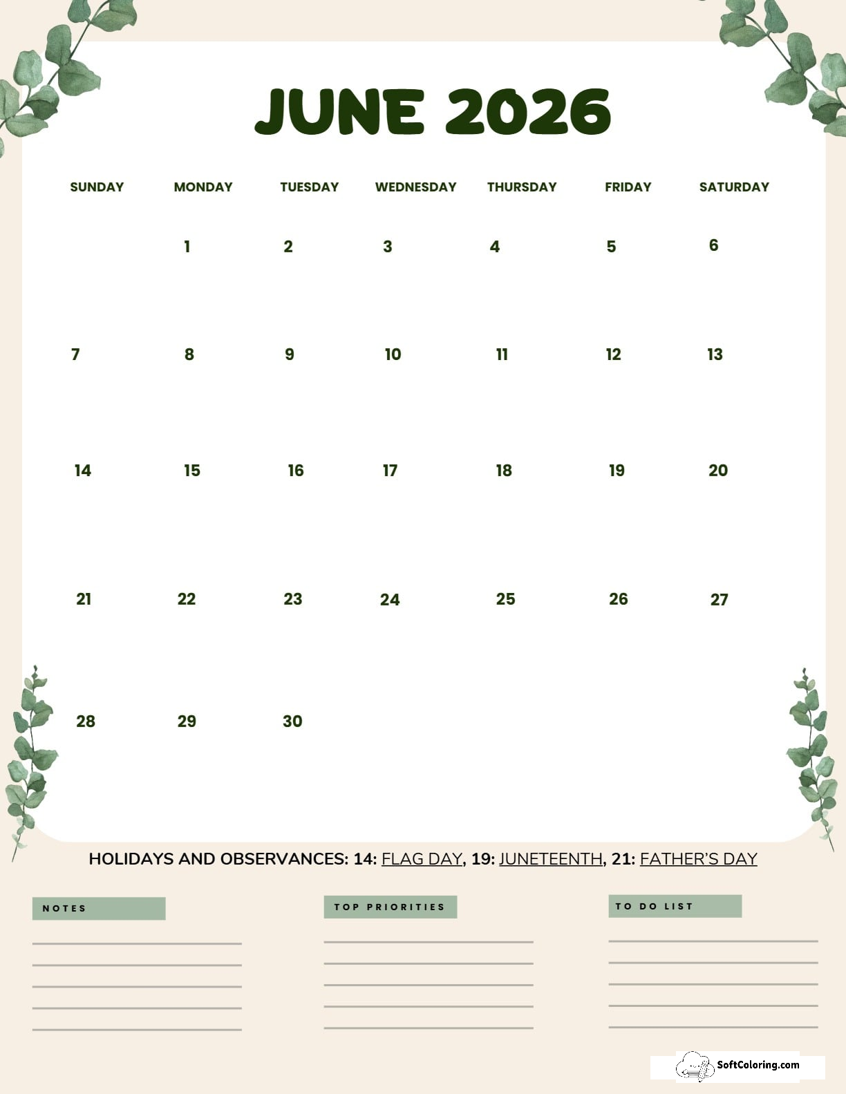 June 2026 Calendar Printable Leaves Portrait