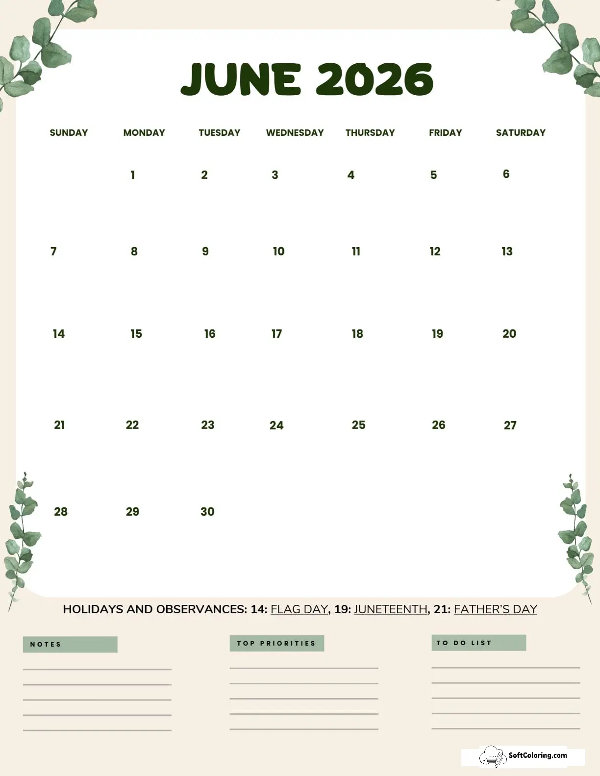 June 2026 Calendar Printable Leaves Portrait