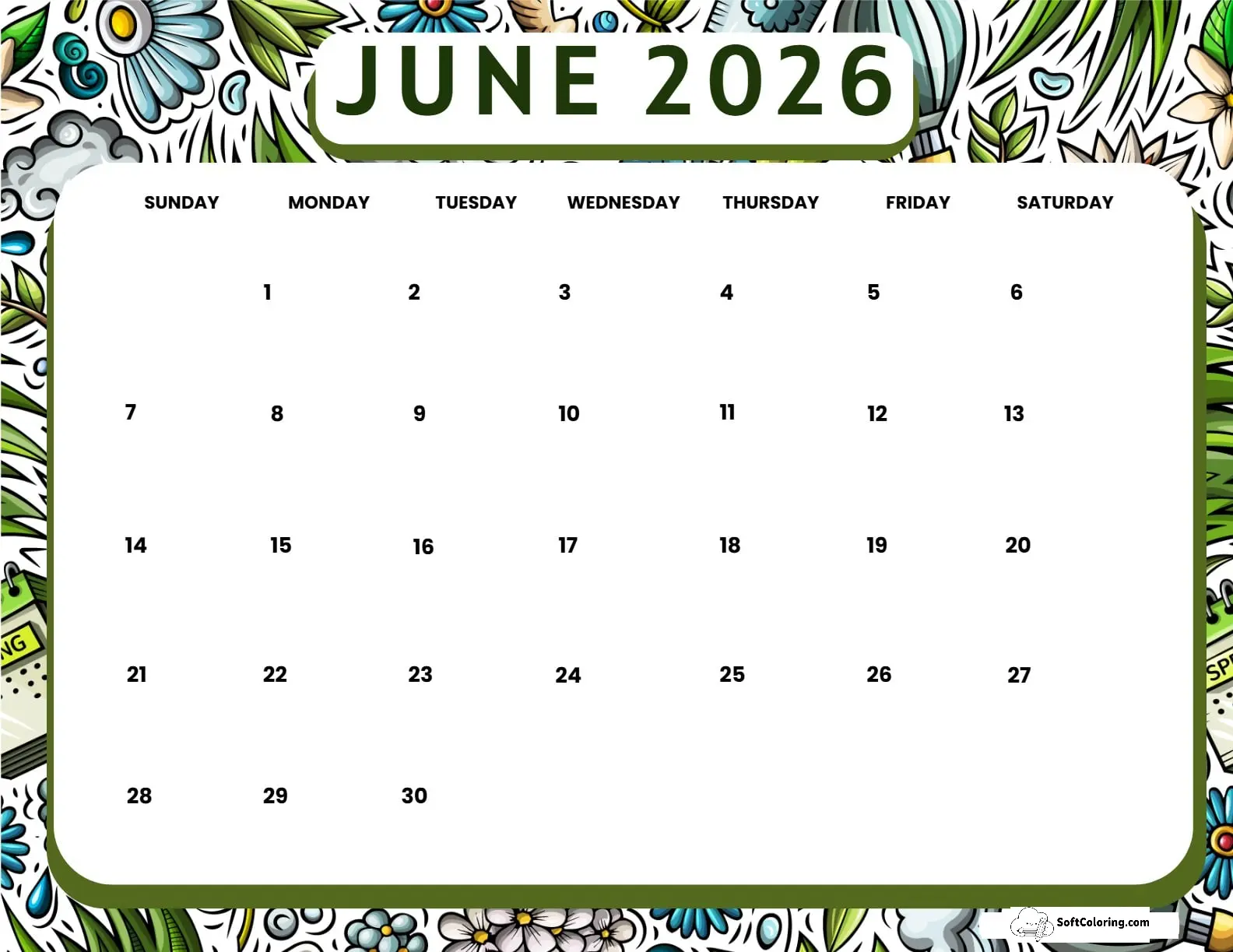 June 2026 Calendar Printable Spring Landscape V2