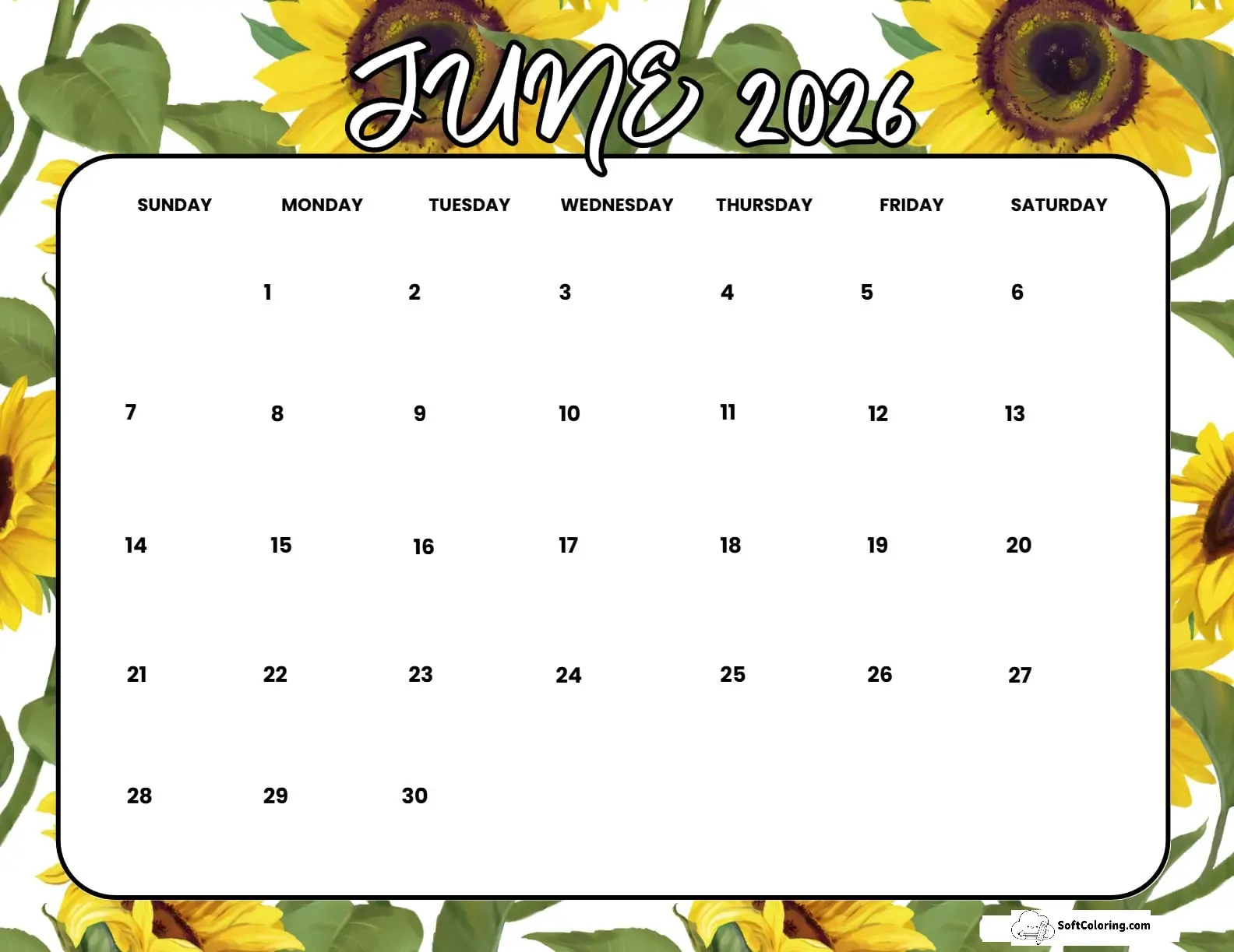 June 2026 Calendar Printable Sunflowers Landscape V2