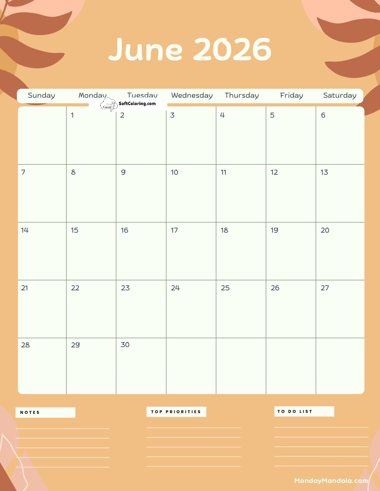 June 2026 Calendar Printable Terracotta Portrait V2