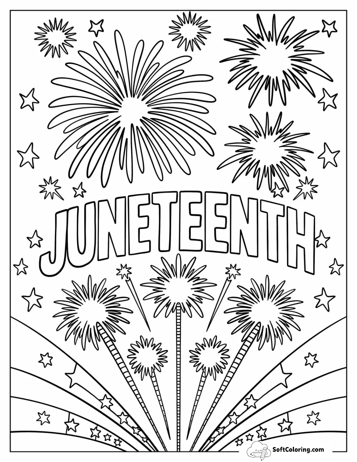 Juneteenth Coloring Page Fireworks Celebration With Stars And Bright Sky