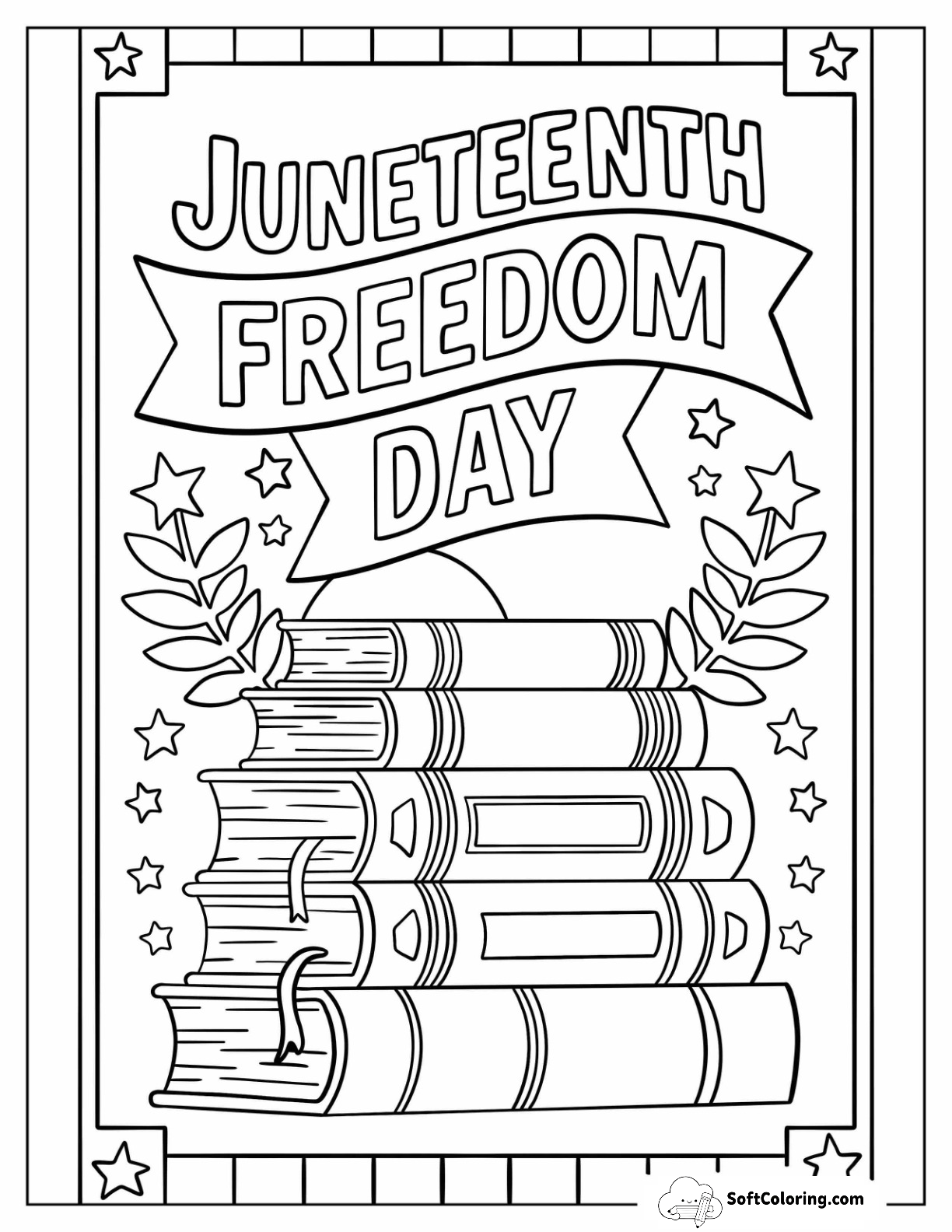 Juneteenth Coloring Page Freedom Day Banner With Stack Of Books