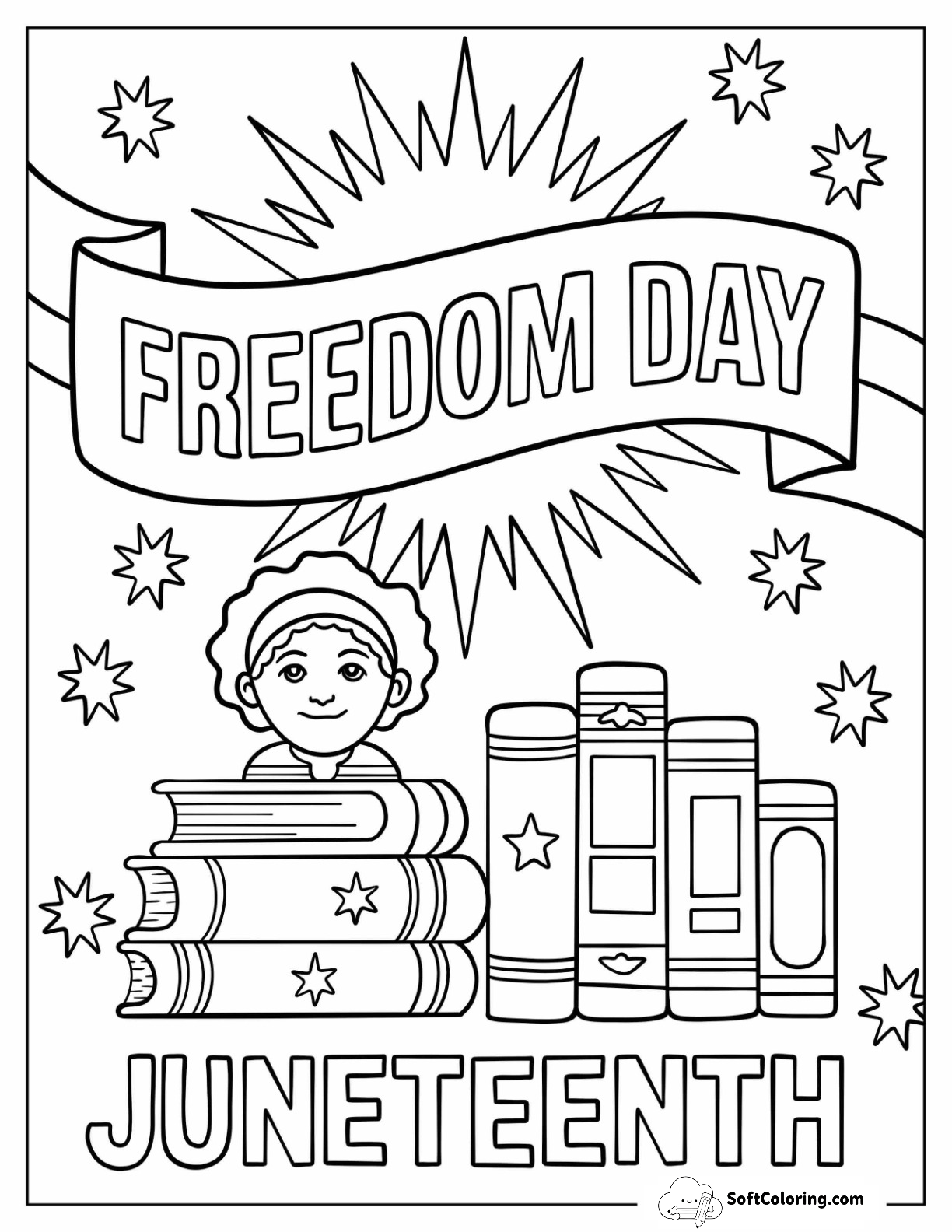 Juneteenth Coloring Page Freedom Day Celebration With Child And Stacks Of Books