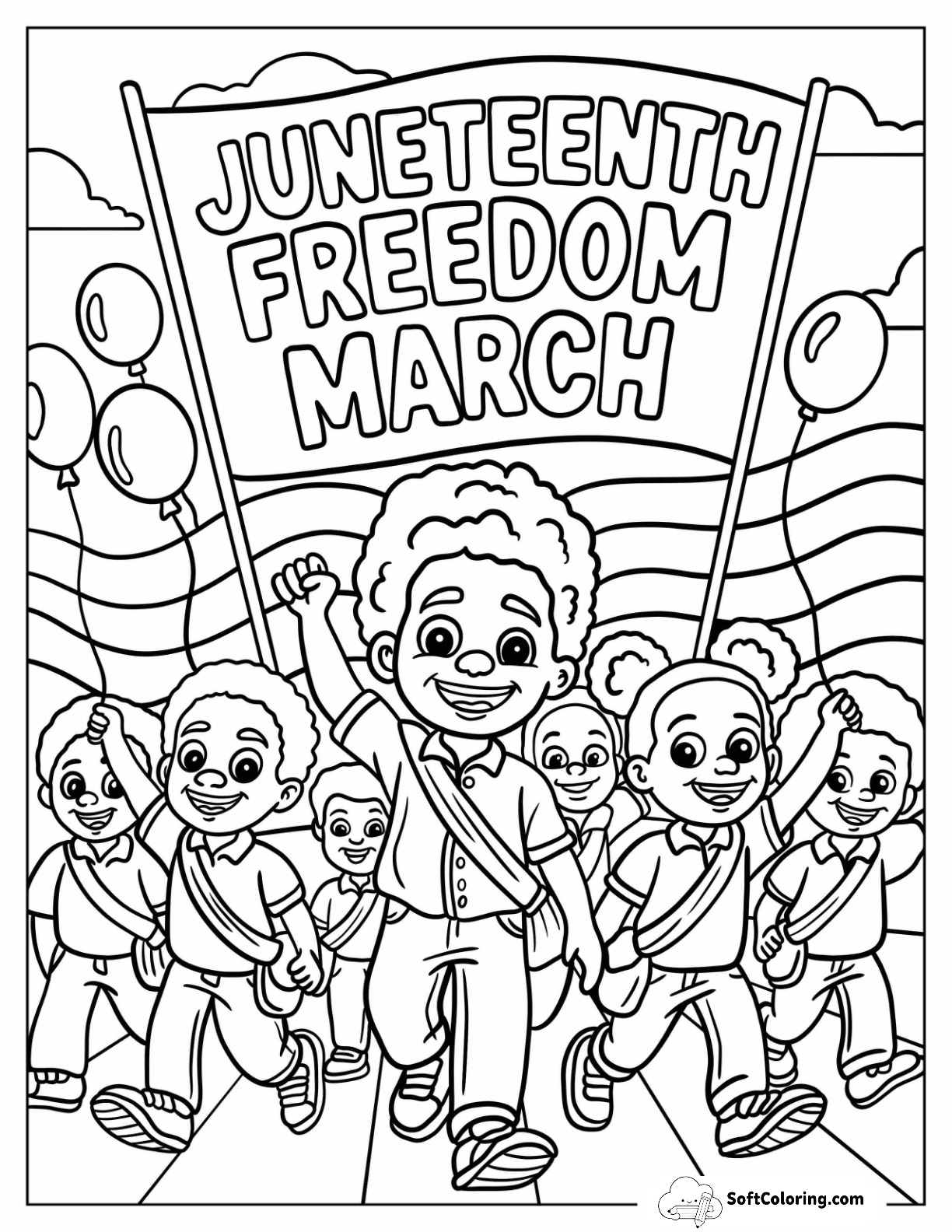 Juneteenth Coloring Page Freedom March With Children Celebrating