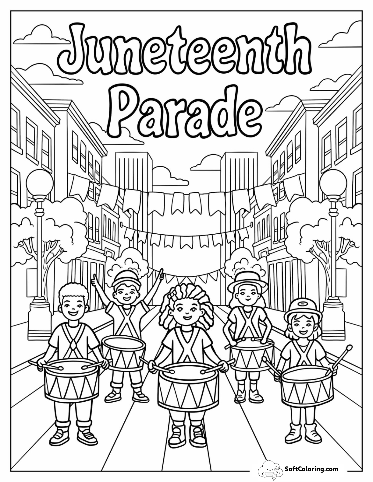 Juneteenth Coloring Page Parade With Marching Drummers For Kids