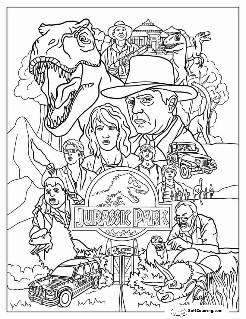 Jurassic Park Poster With Characters To Color