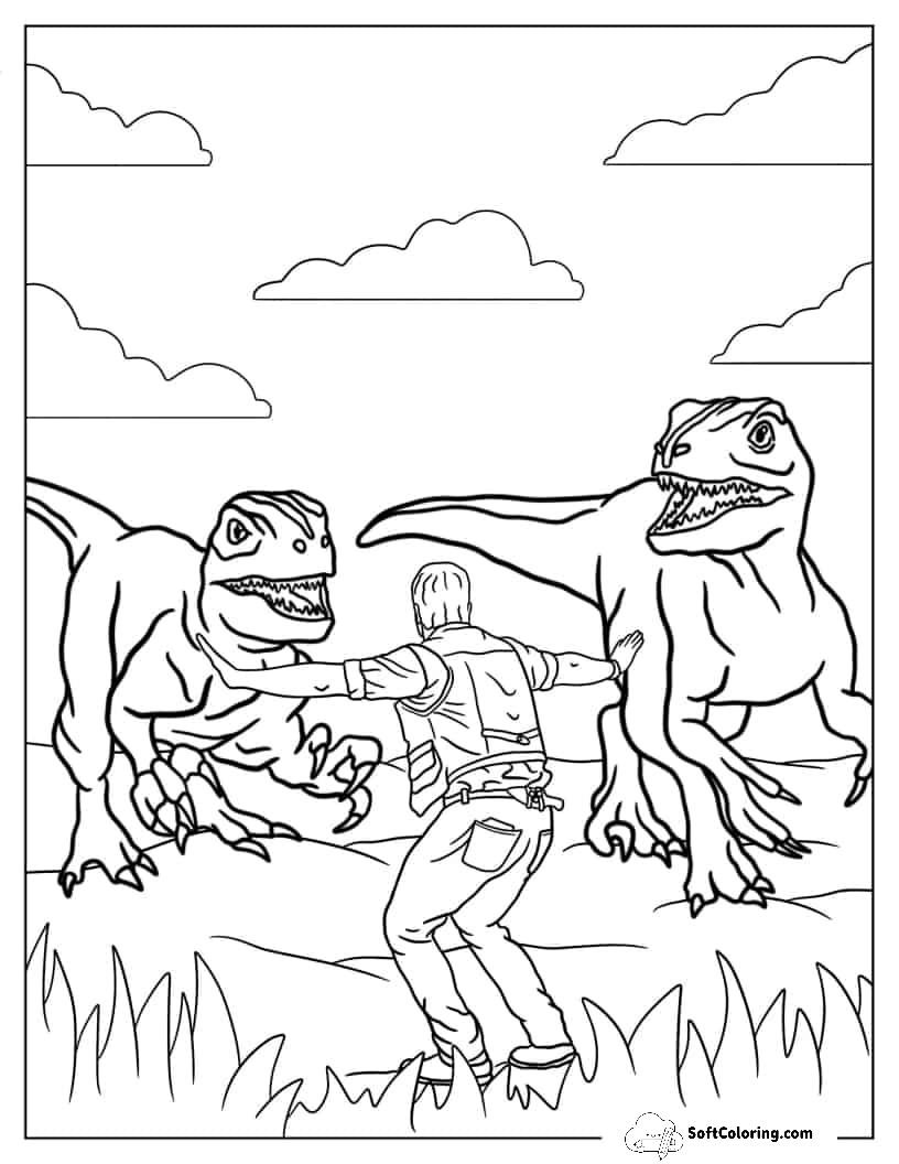 Jurassic World Dinosaur Handler With Velociraptors To Color