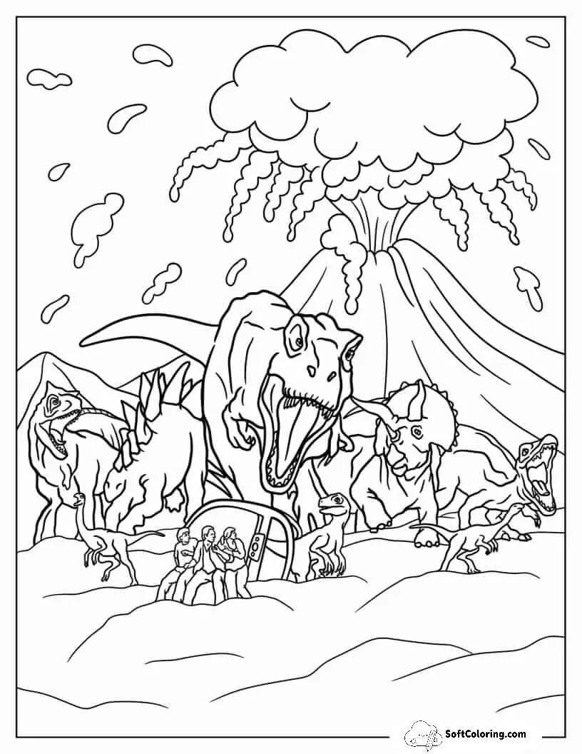 Jurassic World With Exploding Volcano And Dinosaurs