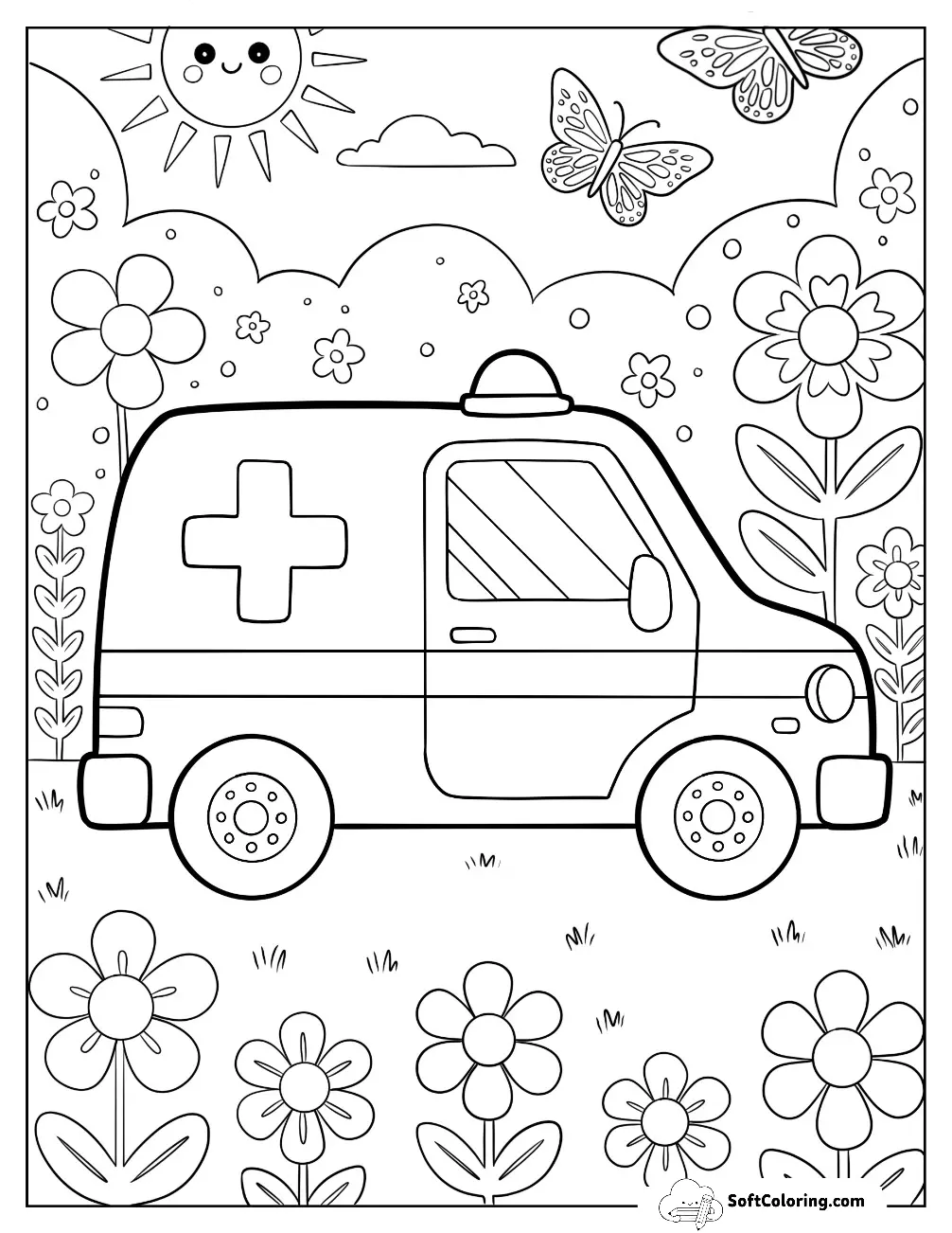 Kawaii Ambulance Driving Through Flower Field For Preschoolers