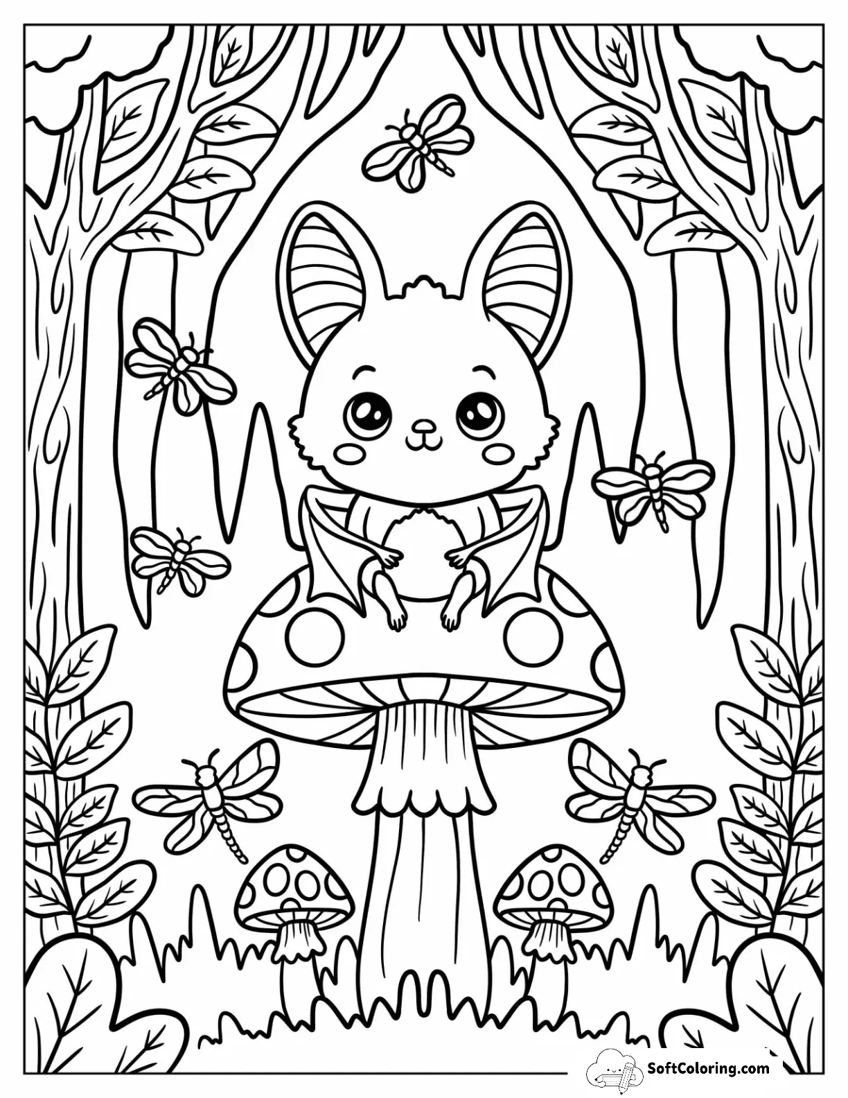 Kawaii Bat Sitting On A Mushroom With Dragonflies