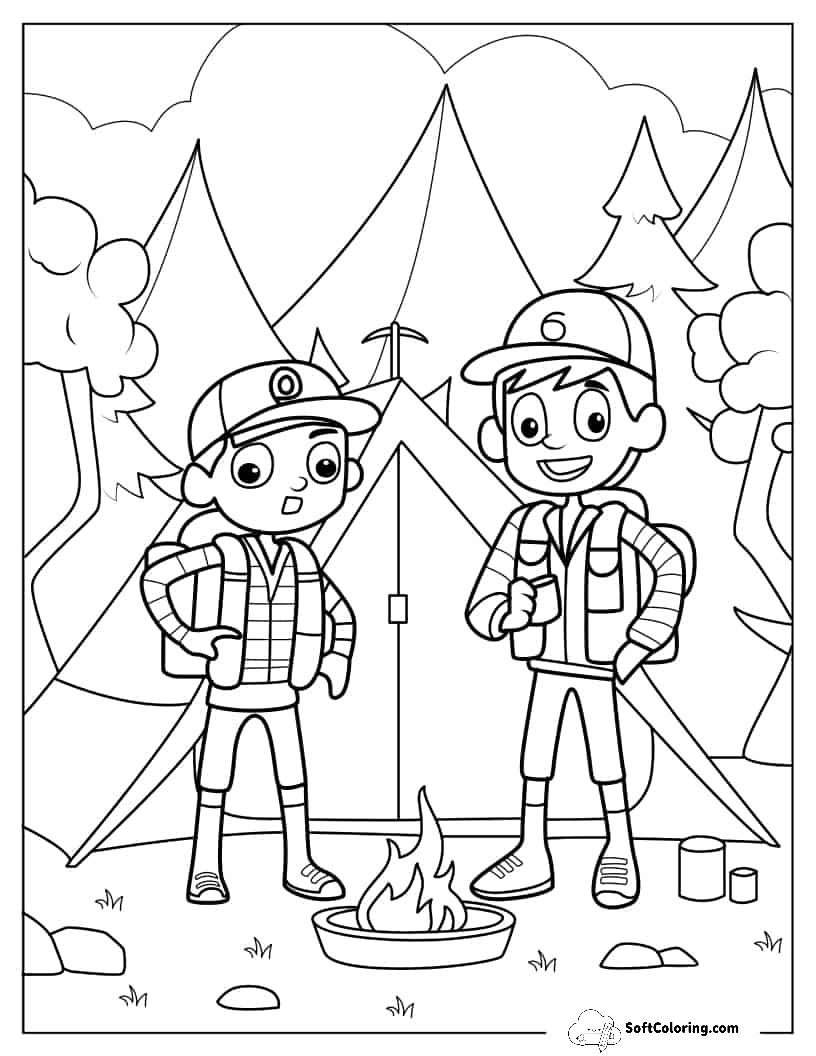 Kawaii Campers Standing In Front Of Bonfire