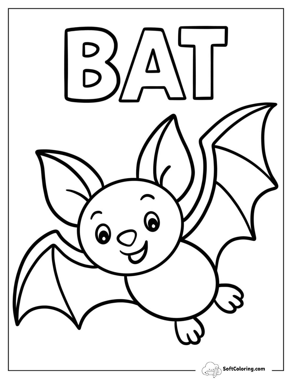 Kawaii Cartoon Bat With Text Flashcard For Kids