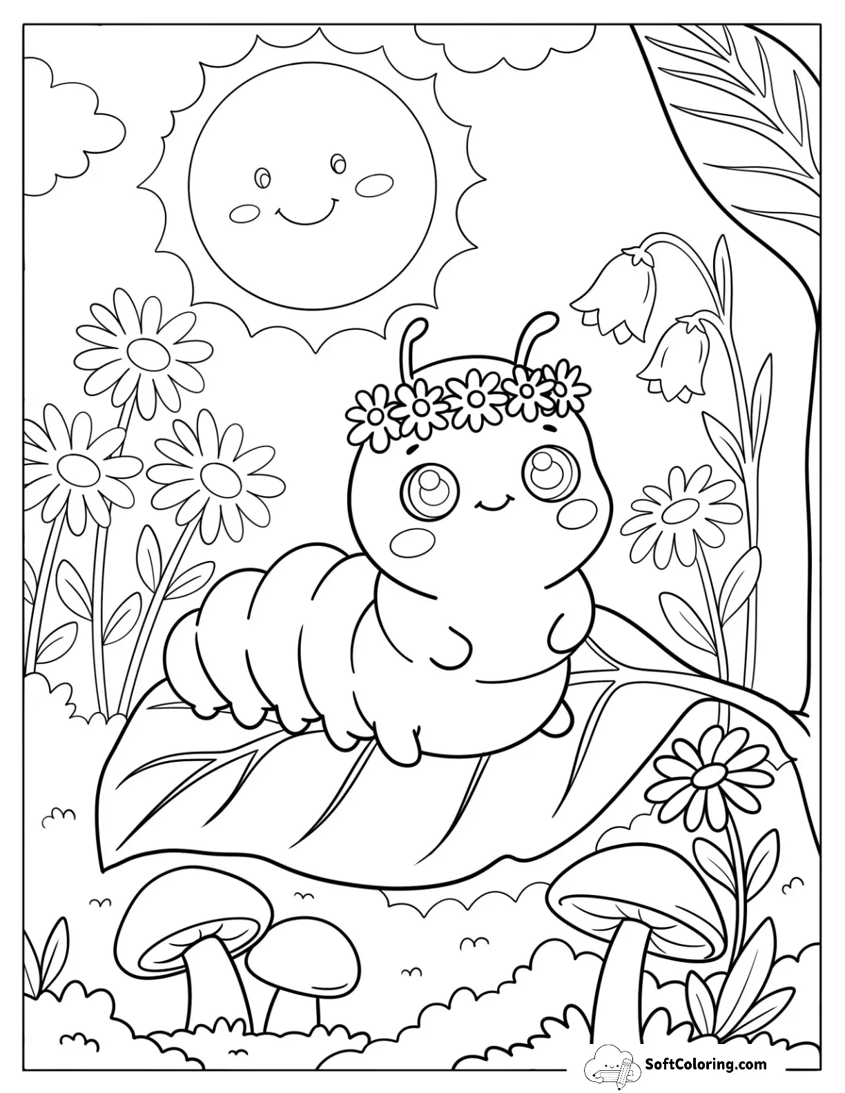 Kawaii Caterpillar With A Flower Crown On A Leaf For Preschoolers