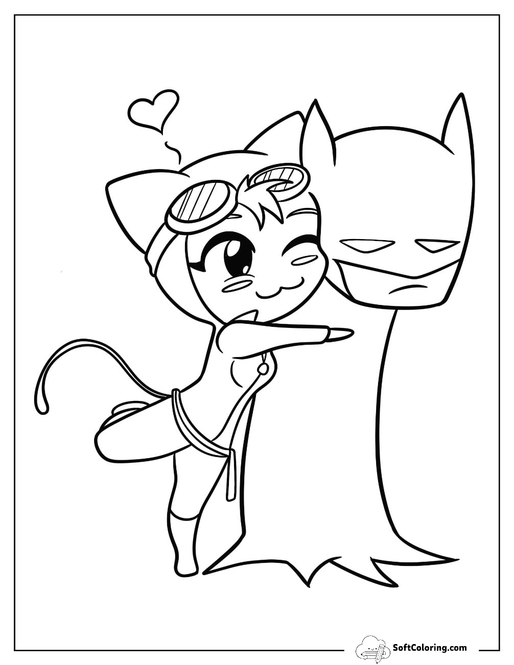 Kawaii Catwoman Coloring Page Hugging Batman For Kids