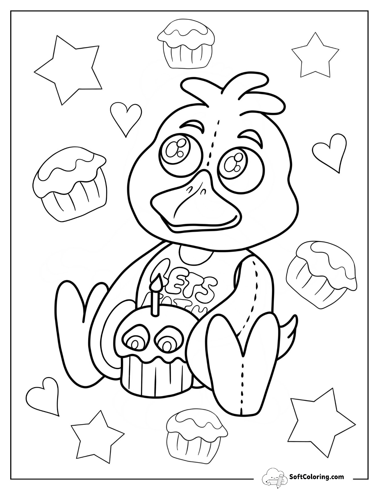Five Nights At Freddy's Coloring Page Of Kawaii Chica With Cupcake