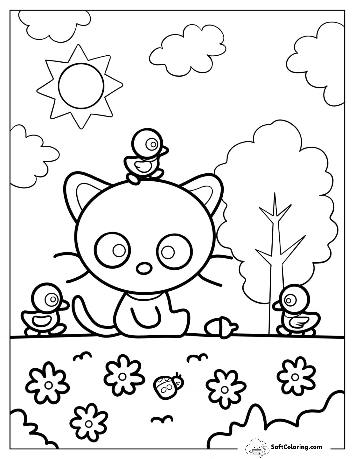 Kawaii Chococat Sitting On The Grass With The Duckies