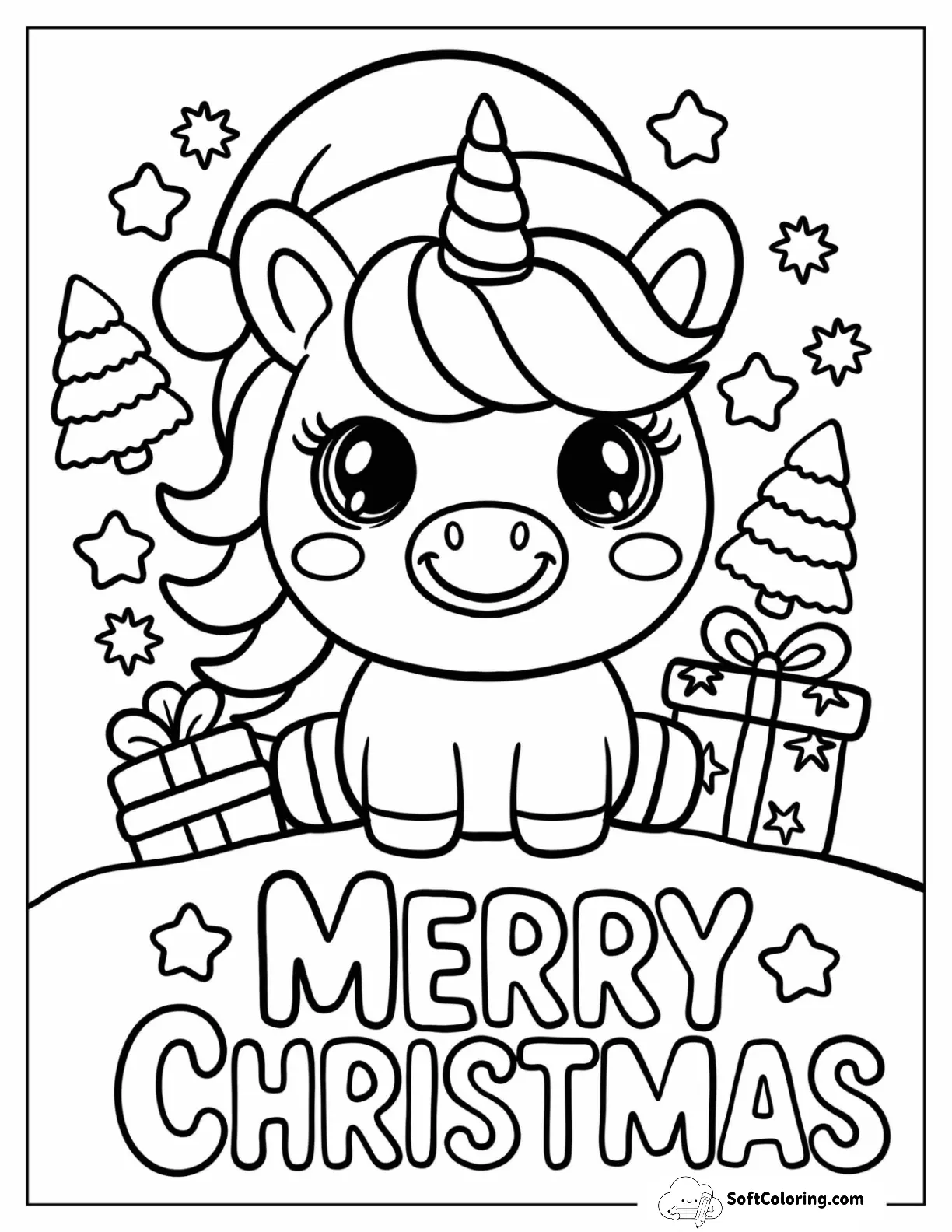 Kawaii Christmas Unicorn With Trees And Presents