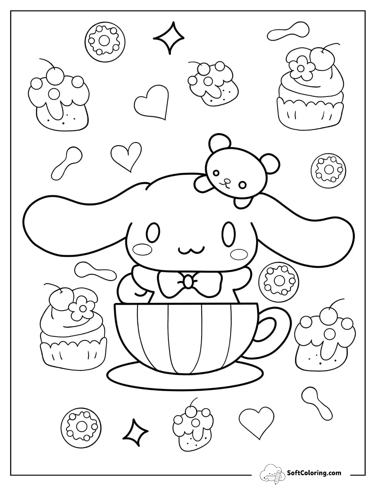 Cinnamoroll Coloring Page Of Kawaii Cinnamon With Bowtie In Teacup